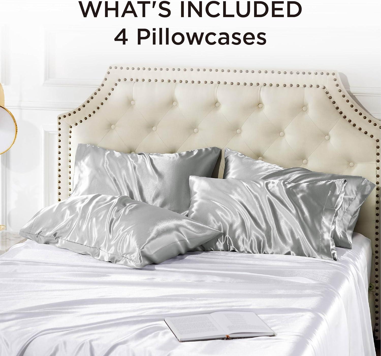imageBedsure Satin Pillowcases Similar to Silk Pillow Cases Queen Size Set of 2 Pure White Cooling Pillow Case for Sleeping Women with Envelope Closure Gifts for Women Men 20x30 Inches 2pcs01 Silver Grey
