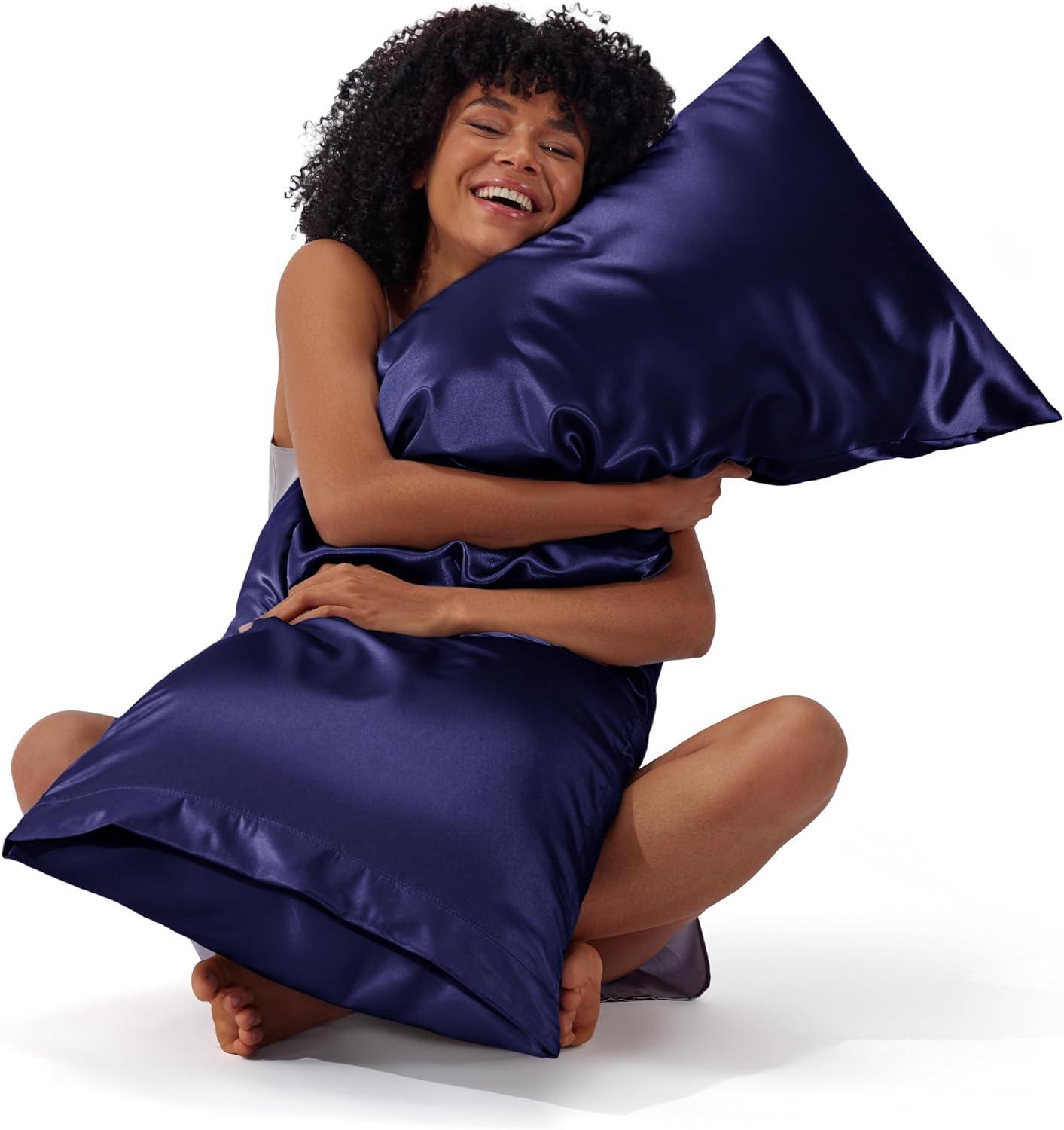 imageBedsure Satin Pillowcases Similar to Silk Pillow Cases Queen Size Set of 2 Pure White Cooling Pillow Case for Sleeping Women with Envelope Closure Gifts for Women Men 20x30 Inches 2pcs09 Navy