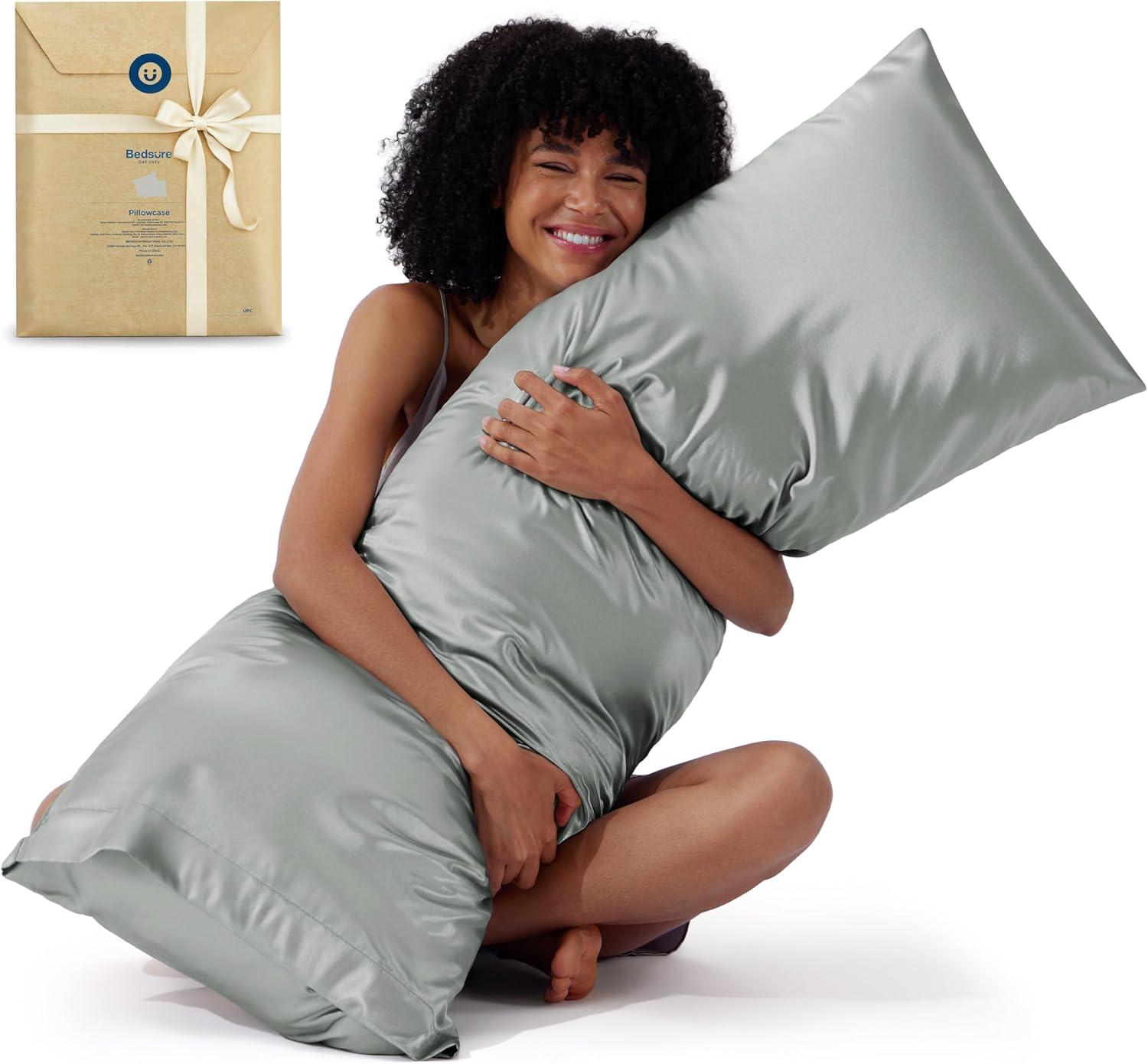 imageBedsure Satin Pillowcases Similar to Silk Pillow Cases Queen Size Set of 2 Pure White Cooling Pillow Case for Sleeping Women with Envelope Closure Gifts for Women Men 20x30 Inches 2pcs01 Silver Grey