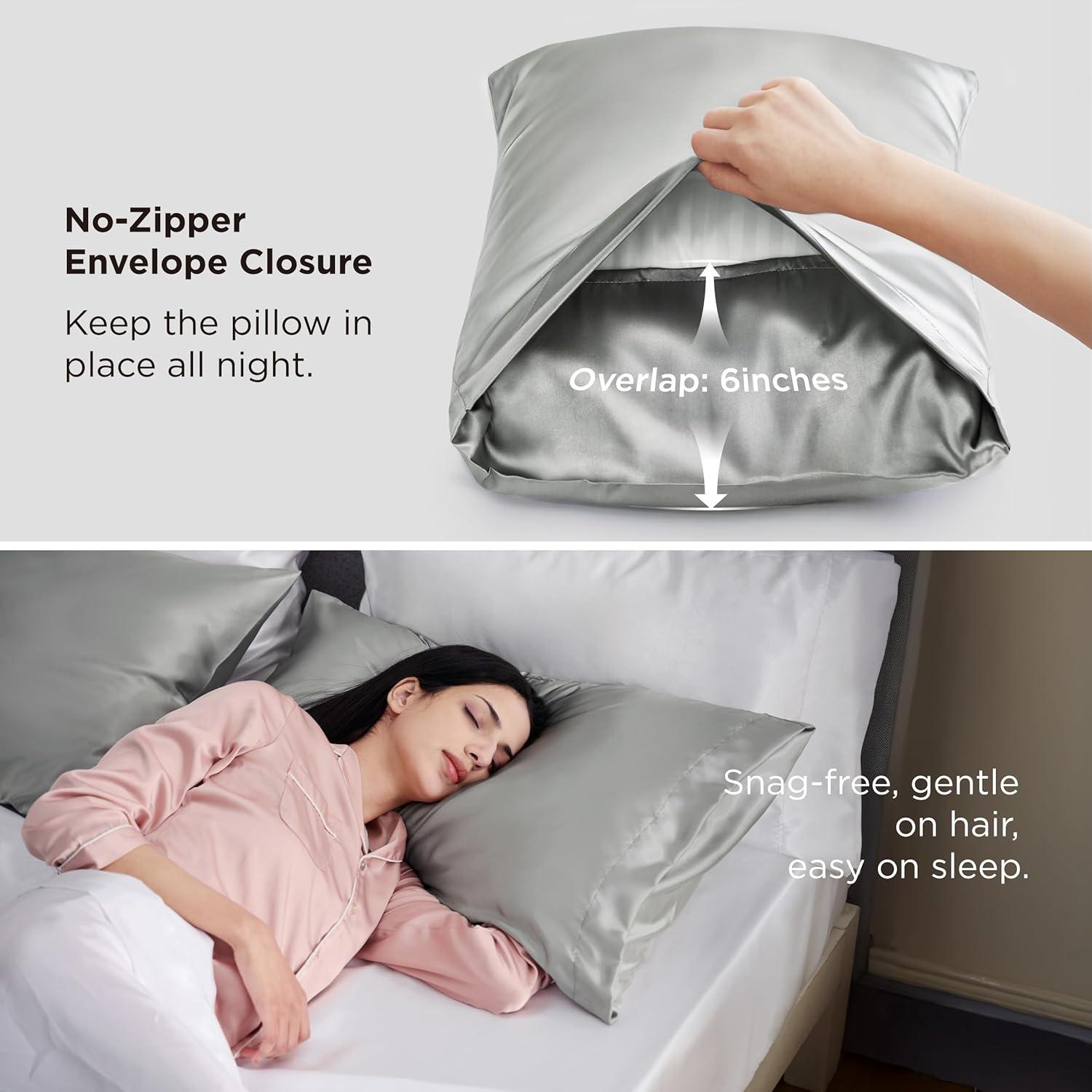 imageBedsure Satin Pillowcases Similar to Silk Pillow Cases Queen Size Set of 2 Pure White Cooling Pillow Case for Sleeping Women with Envelope Closure Gifts for Women Men 20x30 Inches 2pcs01 Silver Grey