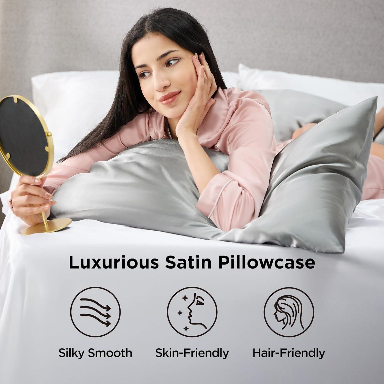 imageBedsure Satin Pillowcases Similar to Silk Pillow Cases Queen Size Set of 2 Pure White Cooling Pillow Case for Sleeping Women with Envelope Closure Gifts for Women Men 20x30 Inches 2pcs01 Silver Grey