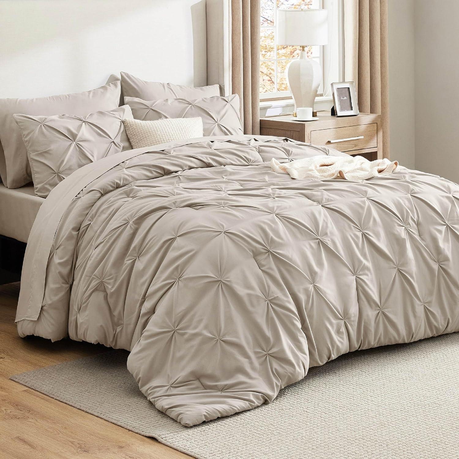 imageBedsure Twin XL Comforter Set Extra Long 5 Pieces Dorm Bedding Sets Pinch Pleat Pink Bed in a Bag with Comforter Sheets Pillowcase ampamp Sham02 Beige