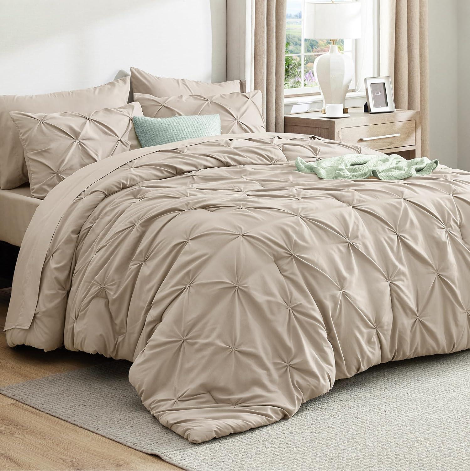 imageBedsure Twin XL Comforter Set Extra Long 5 Pieces Dorm Bedding Sets Pinch Pleat Pink Bed in a Bag with Comforter Sheets Pillowcase ampamp Sham02 Beige