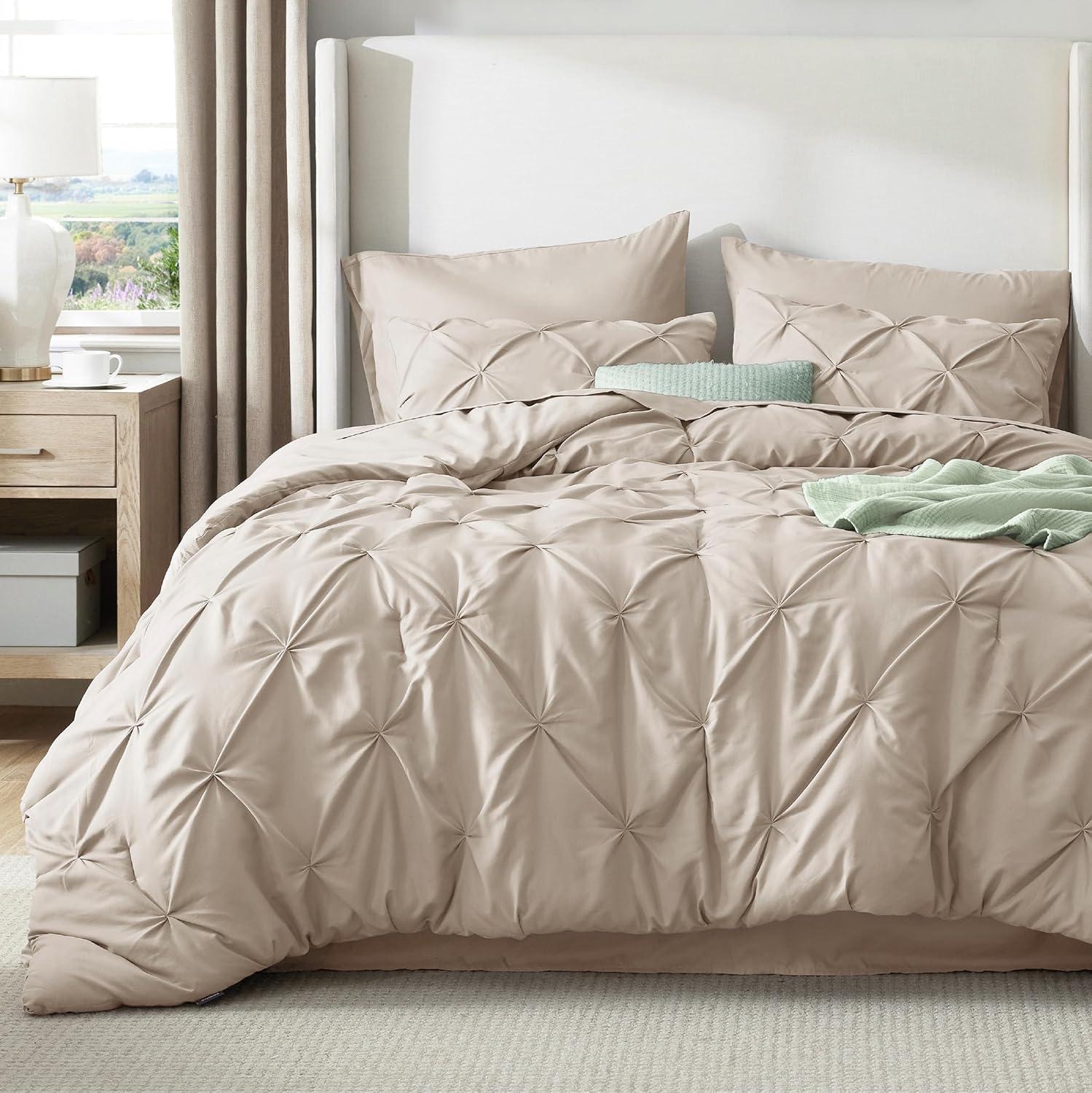imageBedsure Twin XL Comforter Set Extra Long 5 Pieces Dorm Bedding Sets Pinch Pleat Pink Bed in a Bag with Comforter Sheets Pillowcase ampamp Sham02 Beige