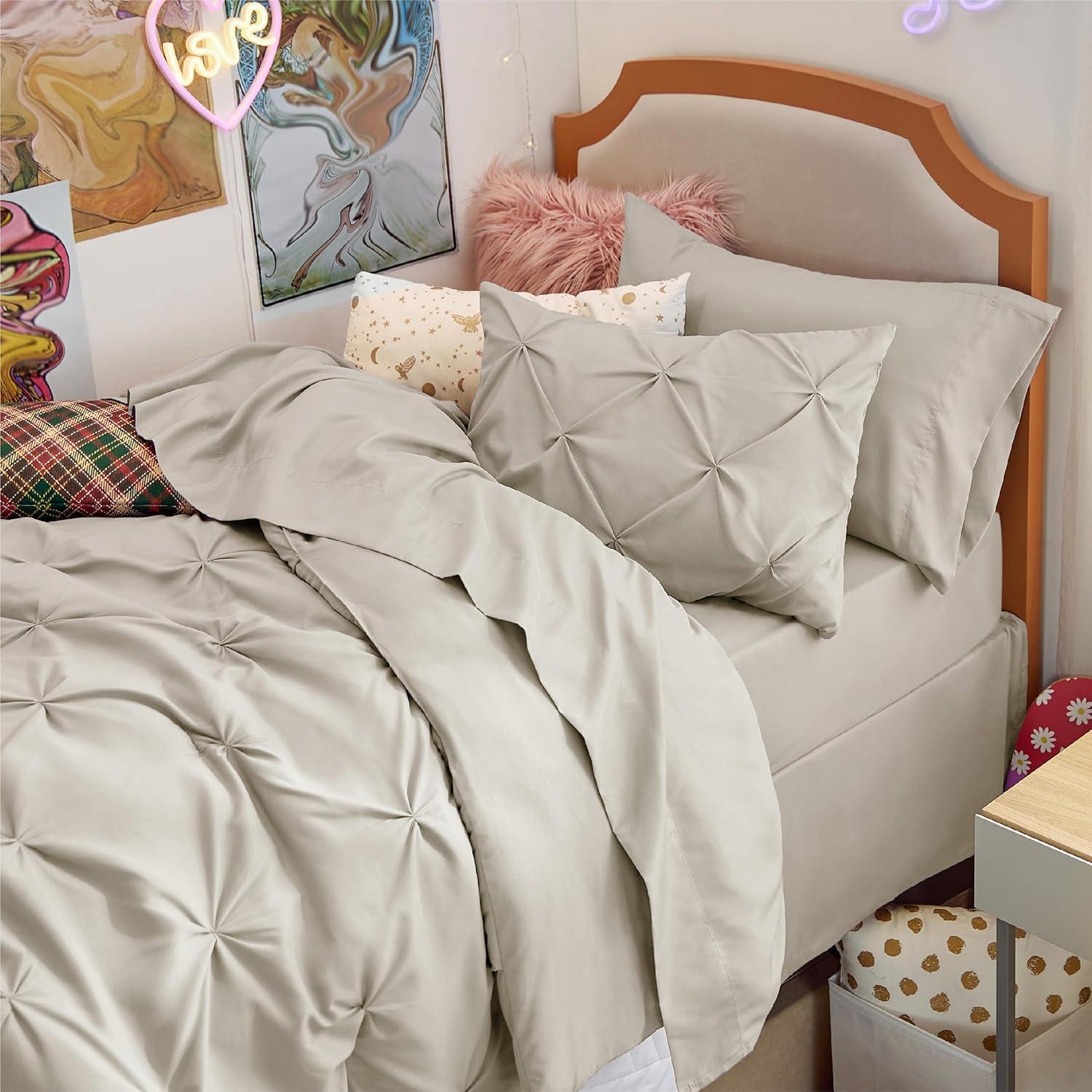 imageBedsure Twin XL Comforter Set Extra Long 5 Pieces Dorm Bedding Sets Pinch Pleat Pink Bed in a Bag with Comforter Sheets Pillowcase ampamp Sham02 Beige
