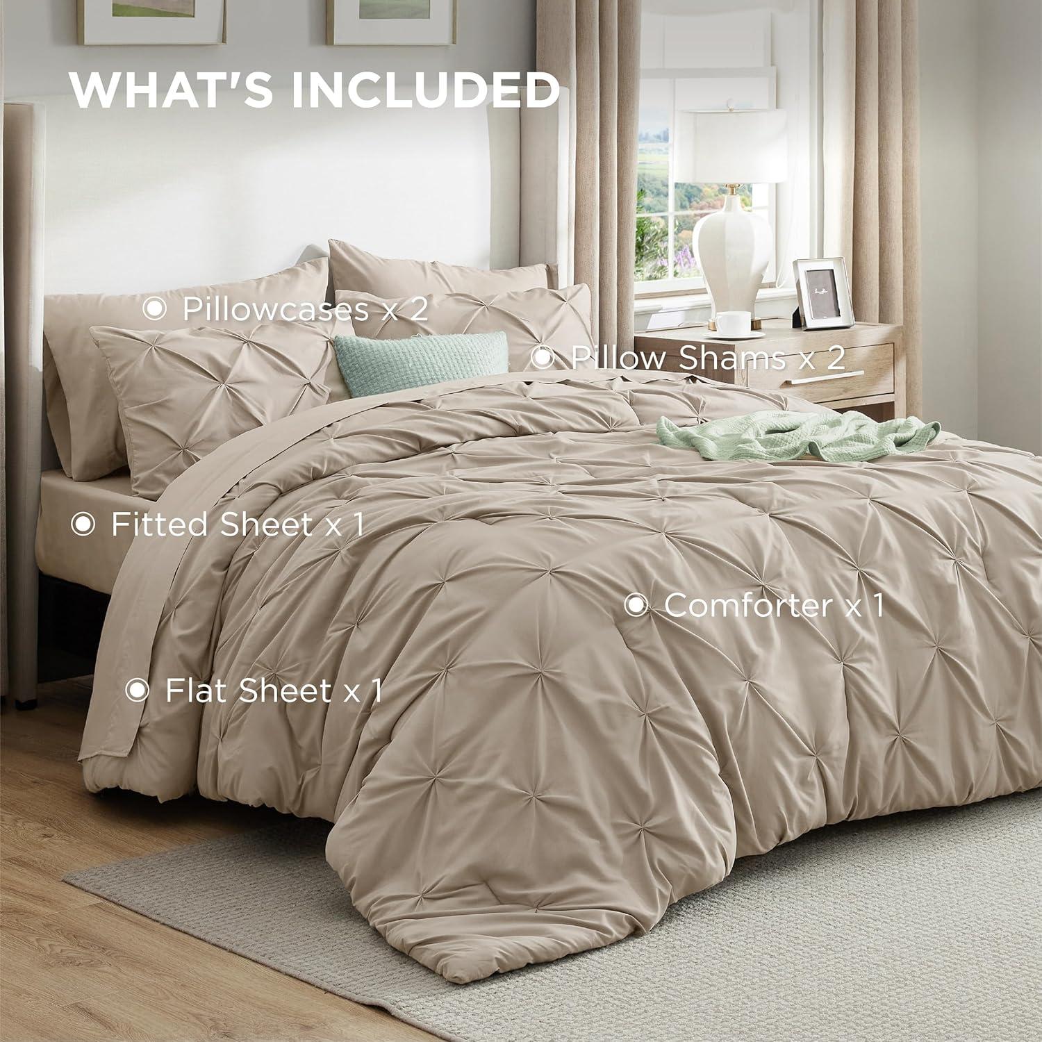 imageBedsure Twin XL Comforter Set Extra Long 5 Pieces Dorm Bedding Sets Pinch Pleat Pink Bed in a Bag with Comforter Sheets Pillowcase ampamp Sham02 Beige