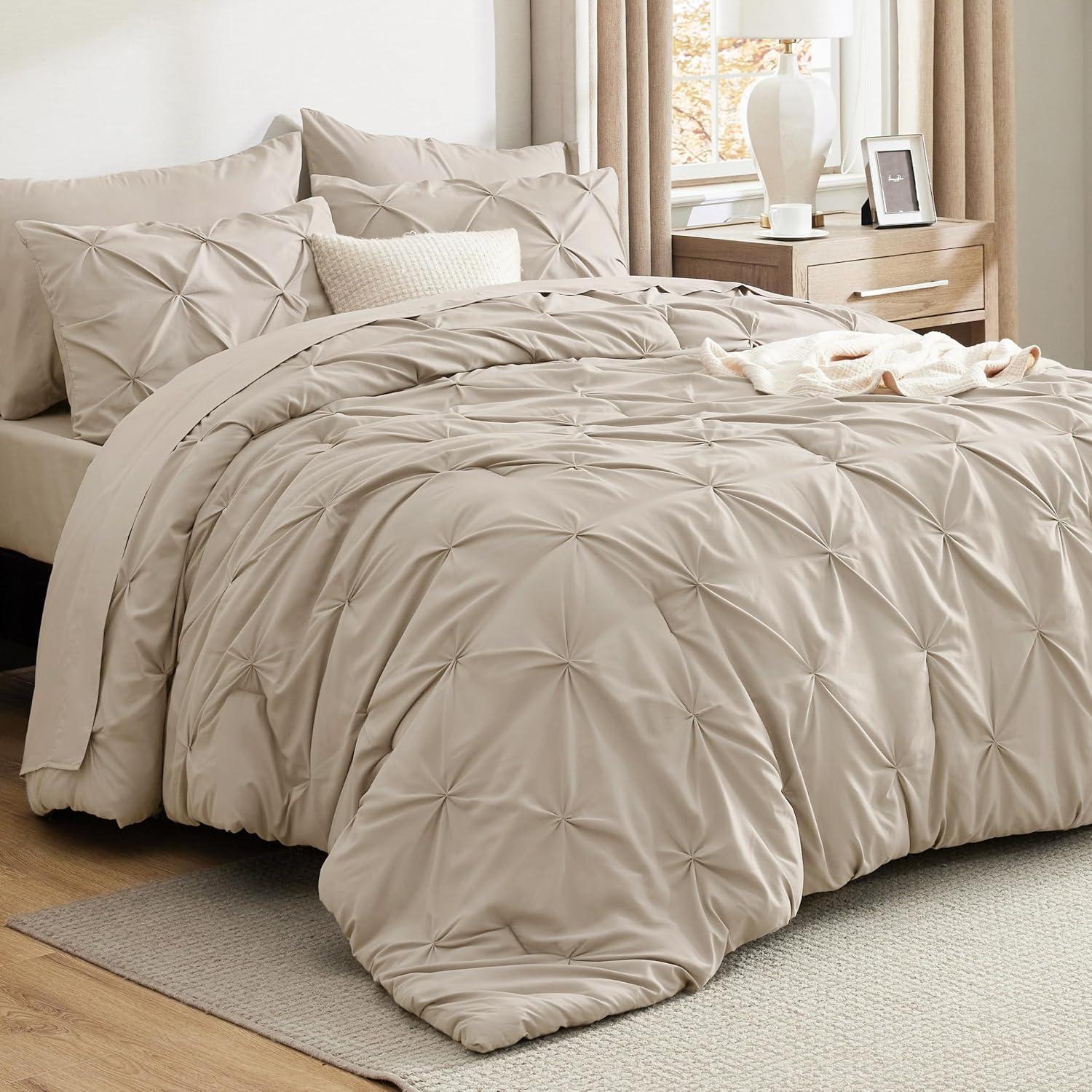 imageBedsure Twin XL Comforter Set Extra Long 5 Pieces Dorm Bedding Sets Pinch Pleat Pink Bed in a Bag with Comforter Sheets Pillowcase ampamp Sham02 Beige