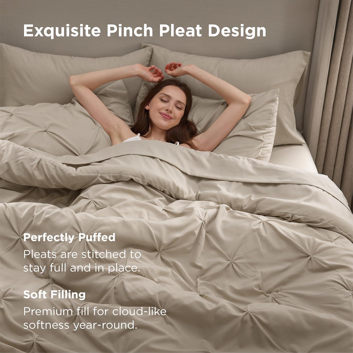 imageBedsure Twin XL Comforter Set Extra Long 5 Pieces Dorm Bedding Sets Pinch Pleat Pink Bed in a Bag with Comforter Sheets Pillowcase ampamp Sham02 Beige