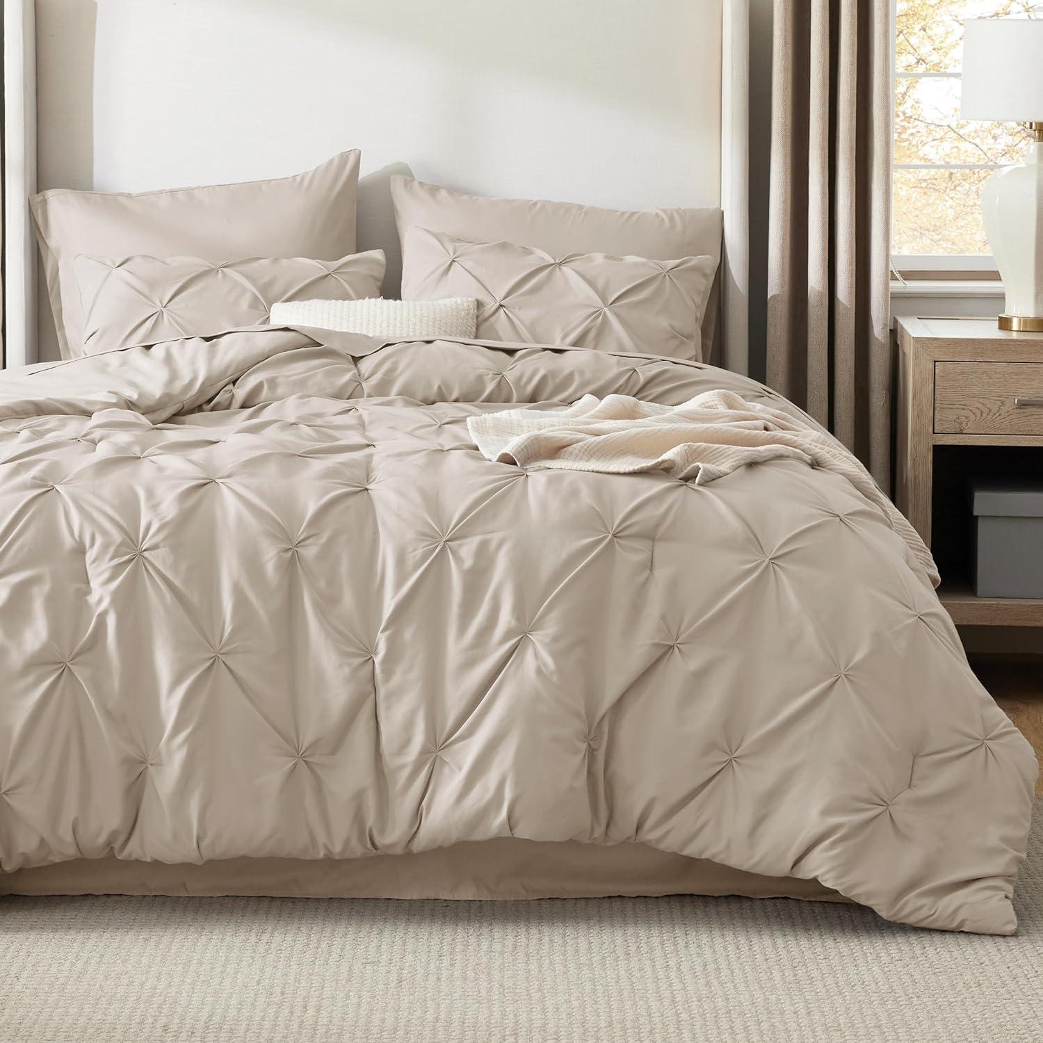 imageBedsure Twin XL Comforter Set Extra Long 5 Pieces Dorm Bedding Sets Pinch Pleat Pink Bed in a Bag with Comforter Sheets Pillowcase ampamp Sham02 Beige