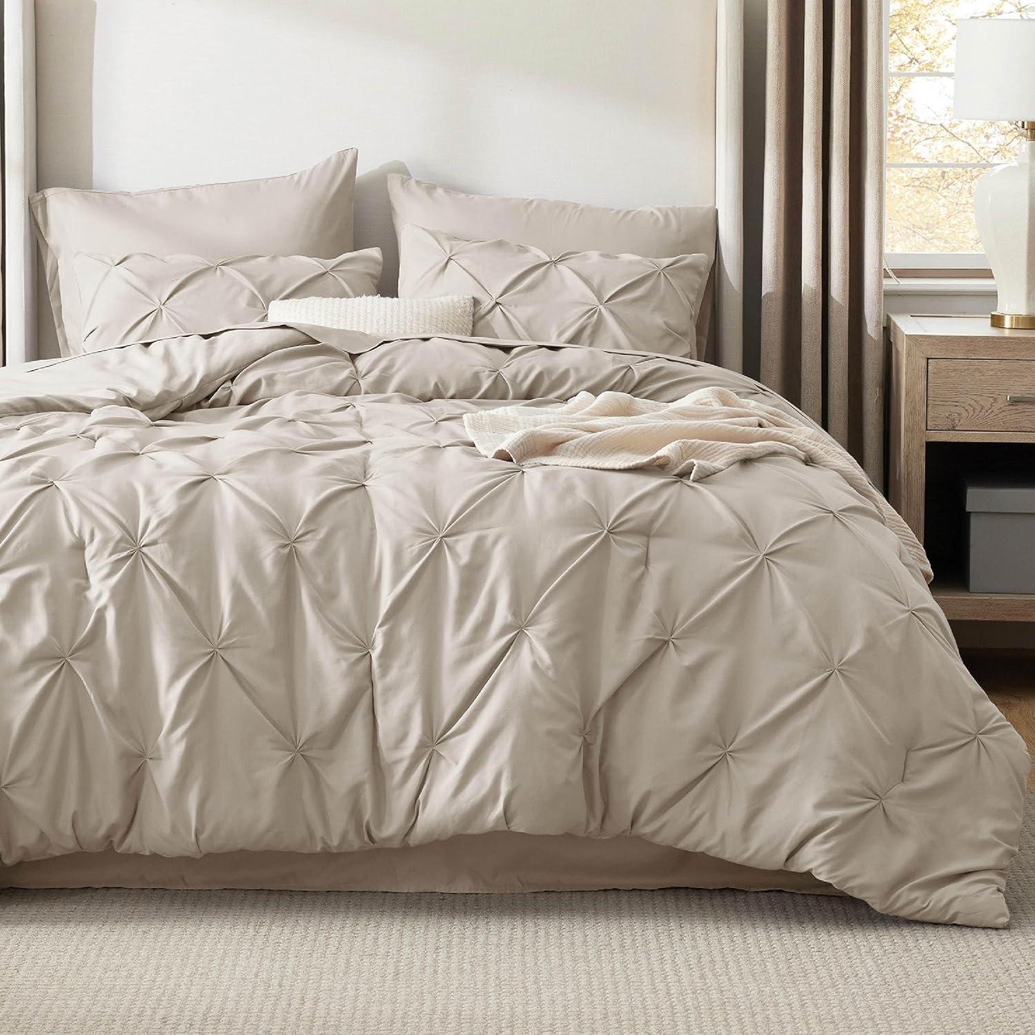 imageBedsure Twin XL Comforter Set Extra Long 5 Pieces Dorm Bedding Sets Pinch Pleat Pink Bed in a Bag with Comforter Sheets Pillowcase ampamp Sham02 Beige