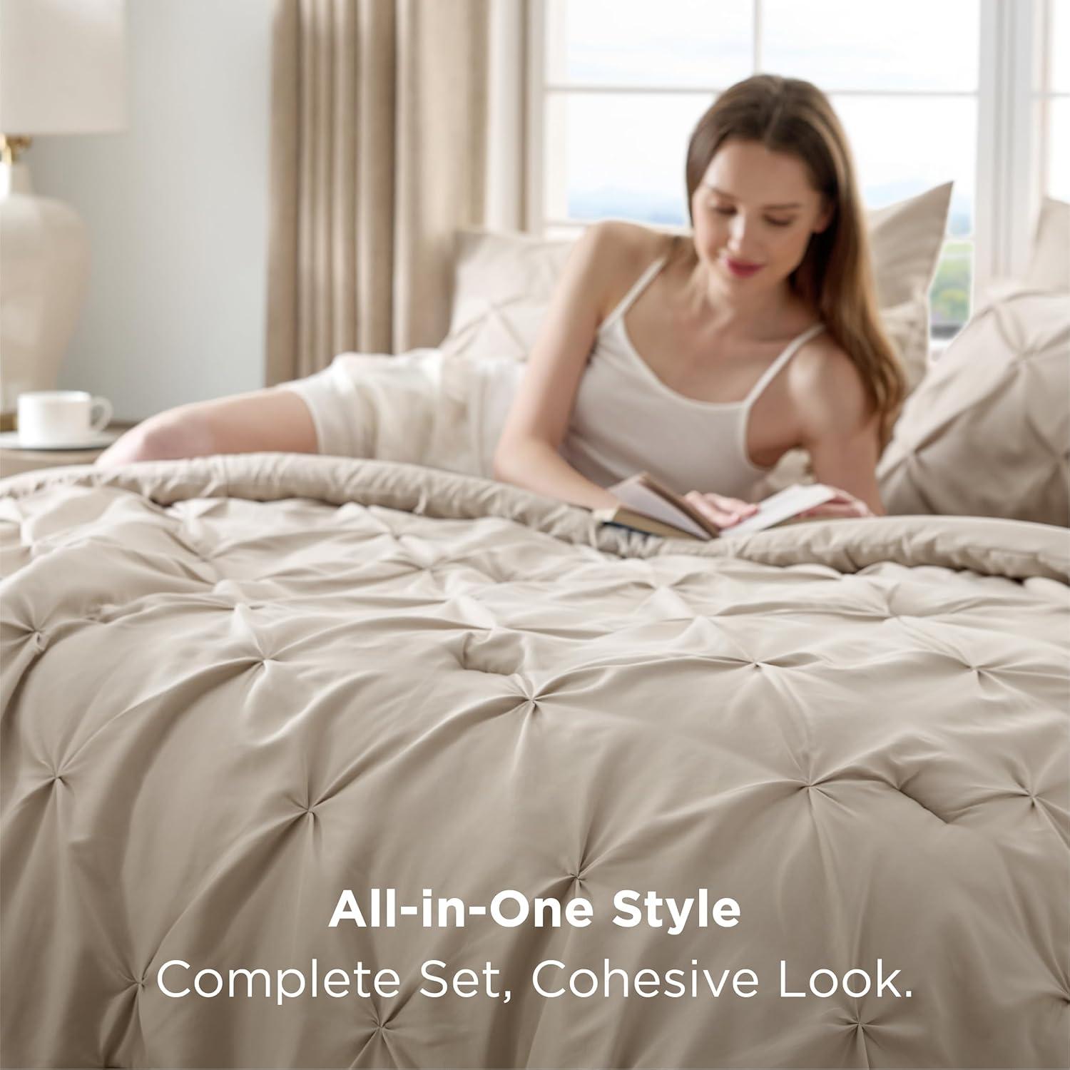 imageBedsure Twin XL Comforter Set Extra Long 5 Pieces Dorm Bedding Sets Pinch Pleat Pink Bed in a Bag with Comforter Sheets Pillowcase ampamp Sham02 Beige