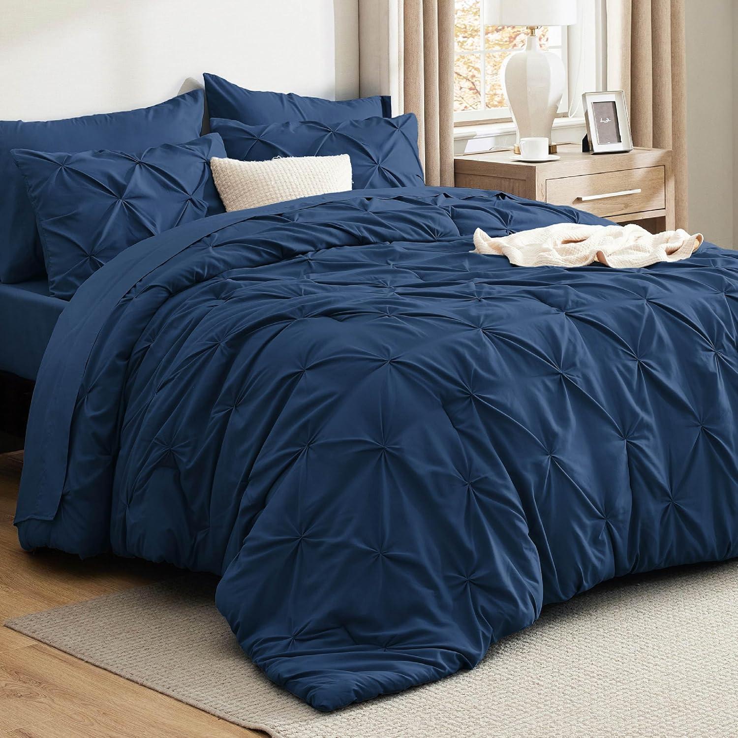 imageBedsure Twin XL Comforter Set Extra Long 5 Pieces Dorm Bedding Sets Pinch Pleat Pink Bed in a Bag with Comforter Sheets Pillowcase ampamp Sham09 Navy