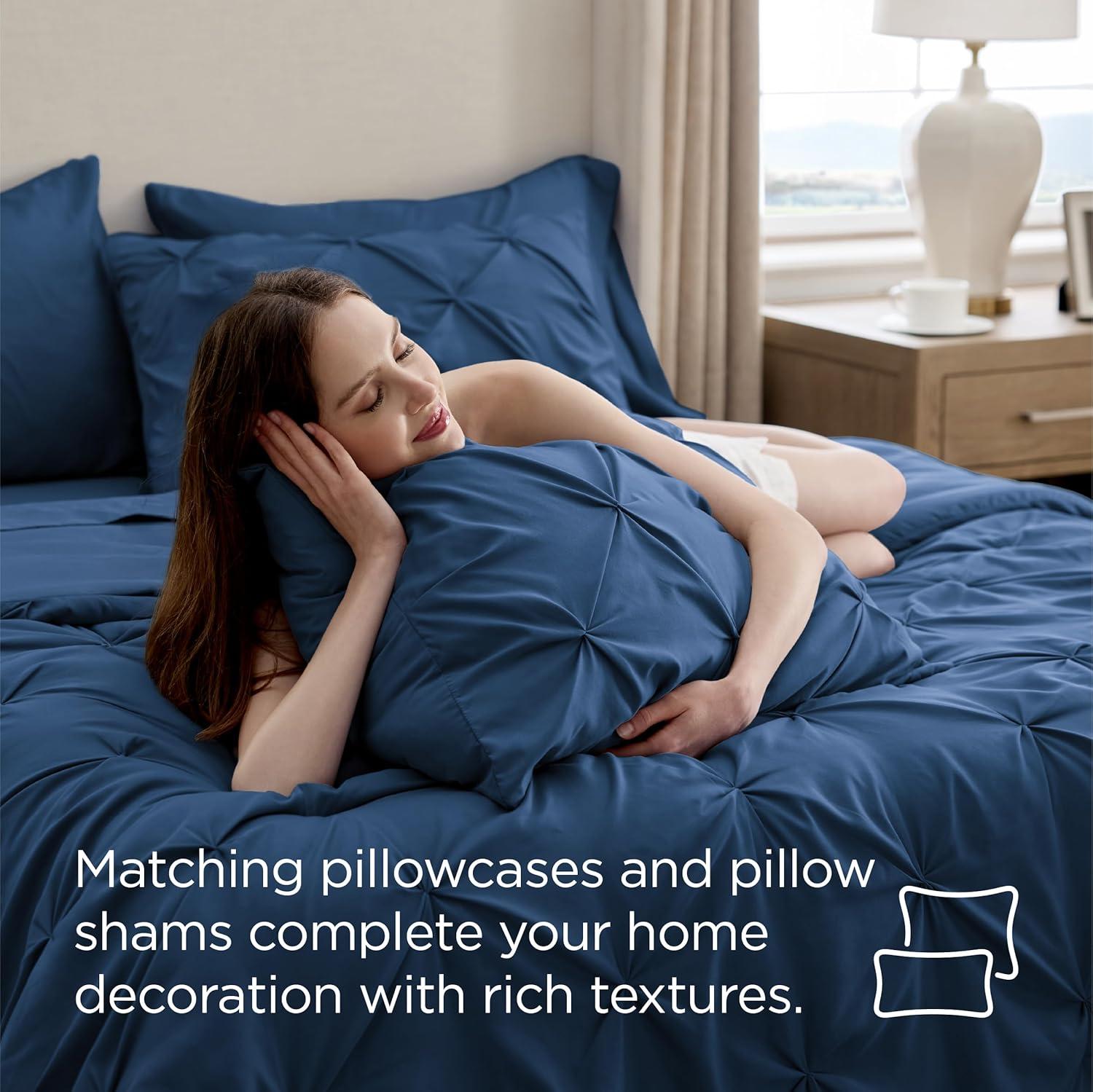 imageBedsure Twin XL Comforter Set Extra Long 5 Pieces Dorm Bedding Sets Pinch Pleat Pink Bed in a Bag with Comforter Sheets Pillowcase ampamp Sham09 Navy
