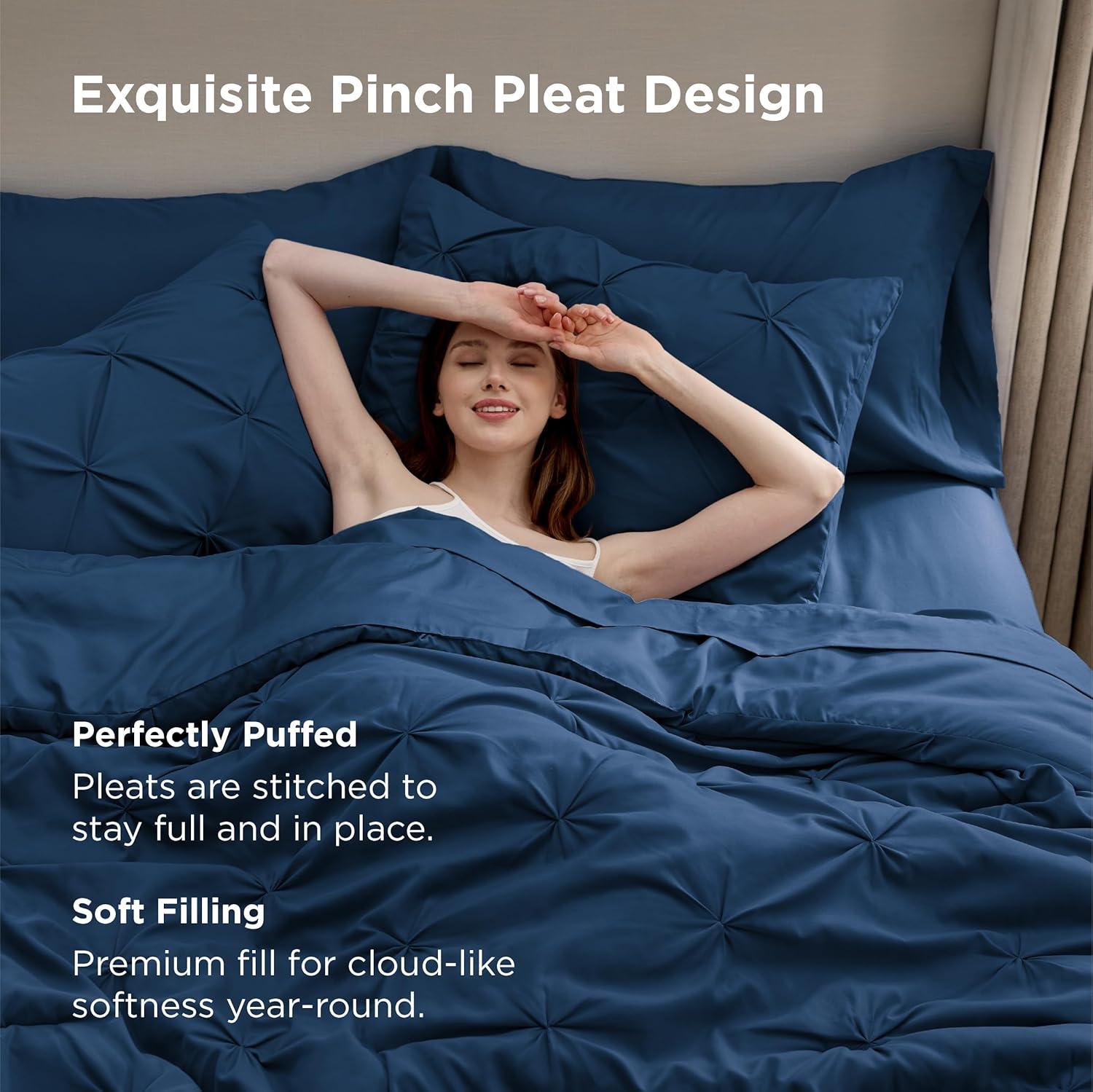 imageBedsure Twin XL Comforter Set Extra Long 5 Pieces Dorm Bedding Sets Pinch Pleat Pink Bed in a Bag with Comforter Sheets Pillowcase ampamp Sham09 Navy
