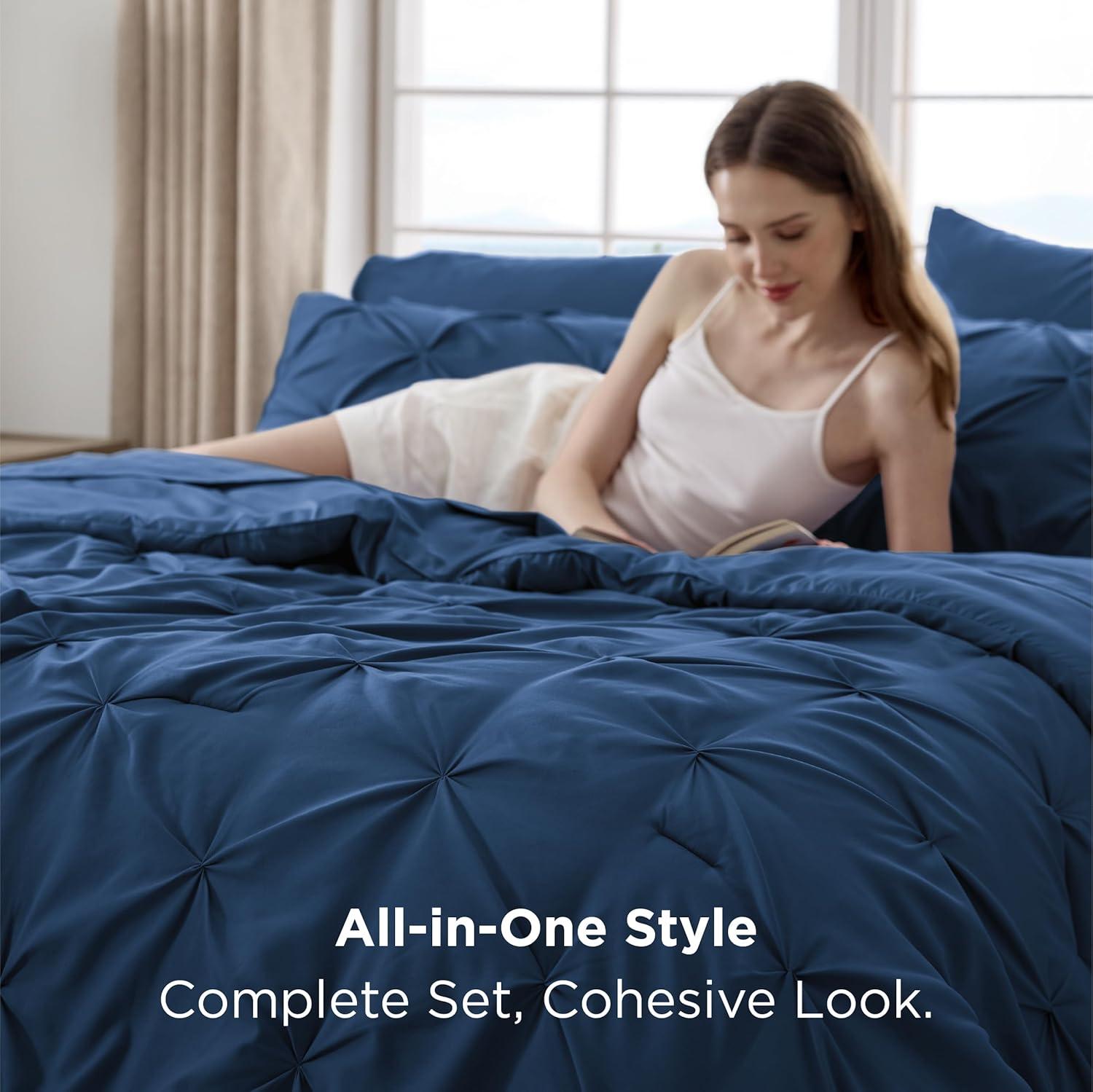 imageBedsure Twin XL Comforter Set Extra Long 5 Pieces Dorm Bedding Sets Pinch Pleat Pink Bed in a Bag with Comforter Sheets Pillowcase ampamp Sham09 Navy