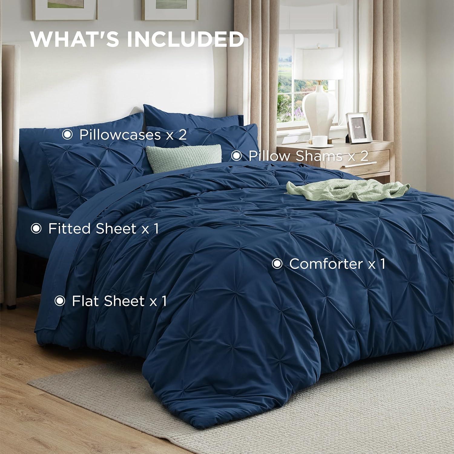 imageBedsure Twin XL Comforter Set Extra Long 5 Pieces Dorm Bedding Sets Pinch Pleat Pink Bed in a Bag with Comforter Sheets Pillowcase ampamp Sham09 Navy