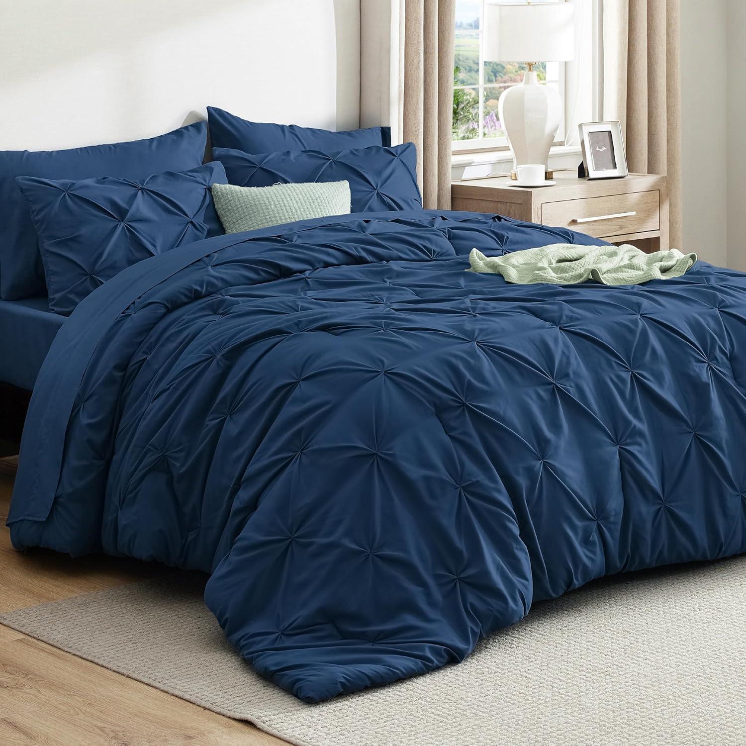 imageBedsure Twin XL Comforter Set Extra Long 5 Pieces Dorm Bedding Sets Pinch Pleat Pink Bed in a Bag with Comforter Sheets Pillowcase ampamp Sham09 Navy