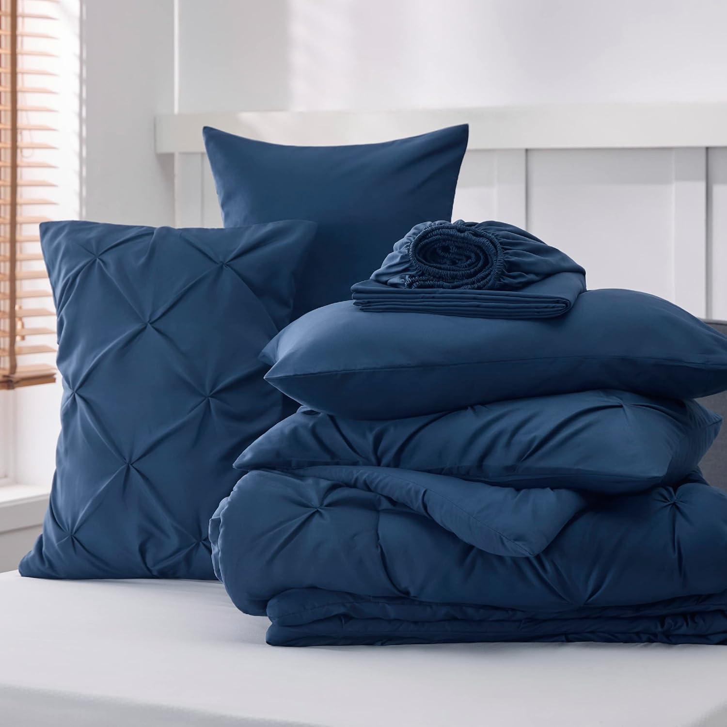 imageBedsure Twin XL Comforter Set Extra Long 5 Pieces Dorm Bedding Sets Pinch Pleat Pink Bed in a Bag with Comforter Sheets Pillowcase ampamp Sham09 Navy