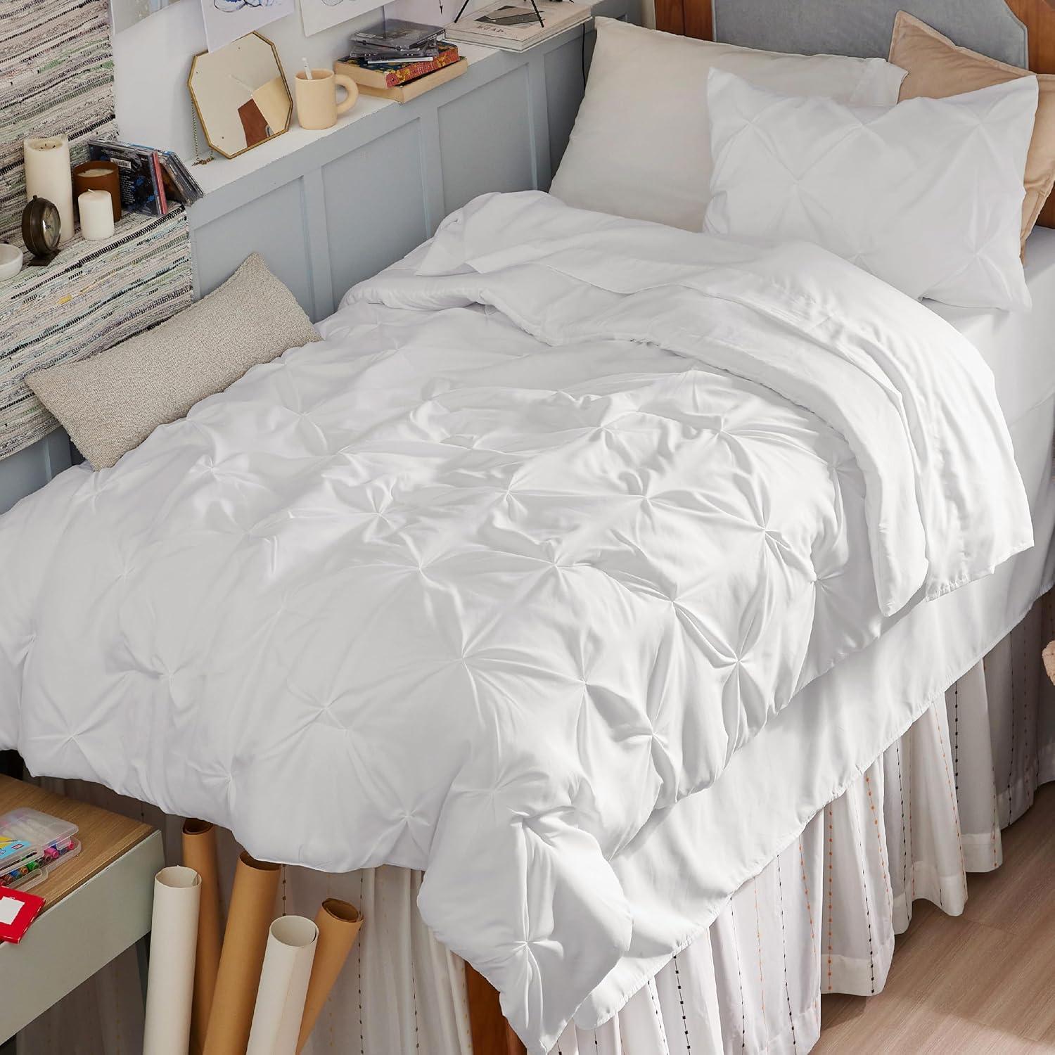 imageBedsure Twin XL Comforter Set Extra Long 5 Pieces Dorm Bedding Sets Pinch Pleat Pink Bed in a Bag with Comforter Sheets Pillowcase ampamp Sham16 White