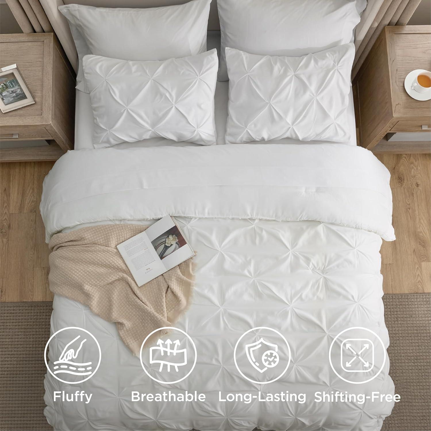 imageBedsure Twin XL Comforter Set Extra Long 5 Pieces Dorm Bedding Sets Pinch Pleat Pink Bed in a Bag with Comforter Sheets Pillowcase ampamp Sham16 White