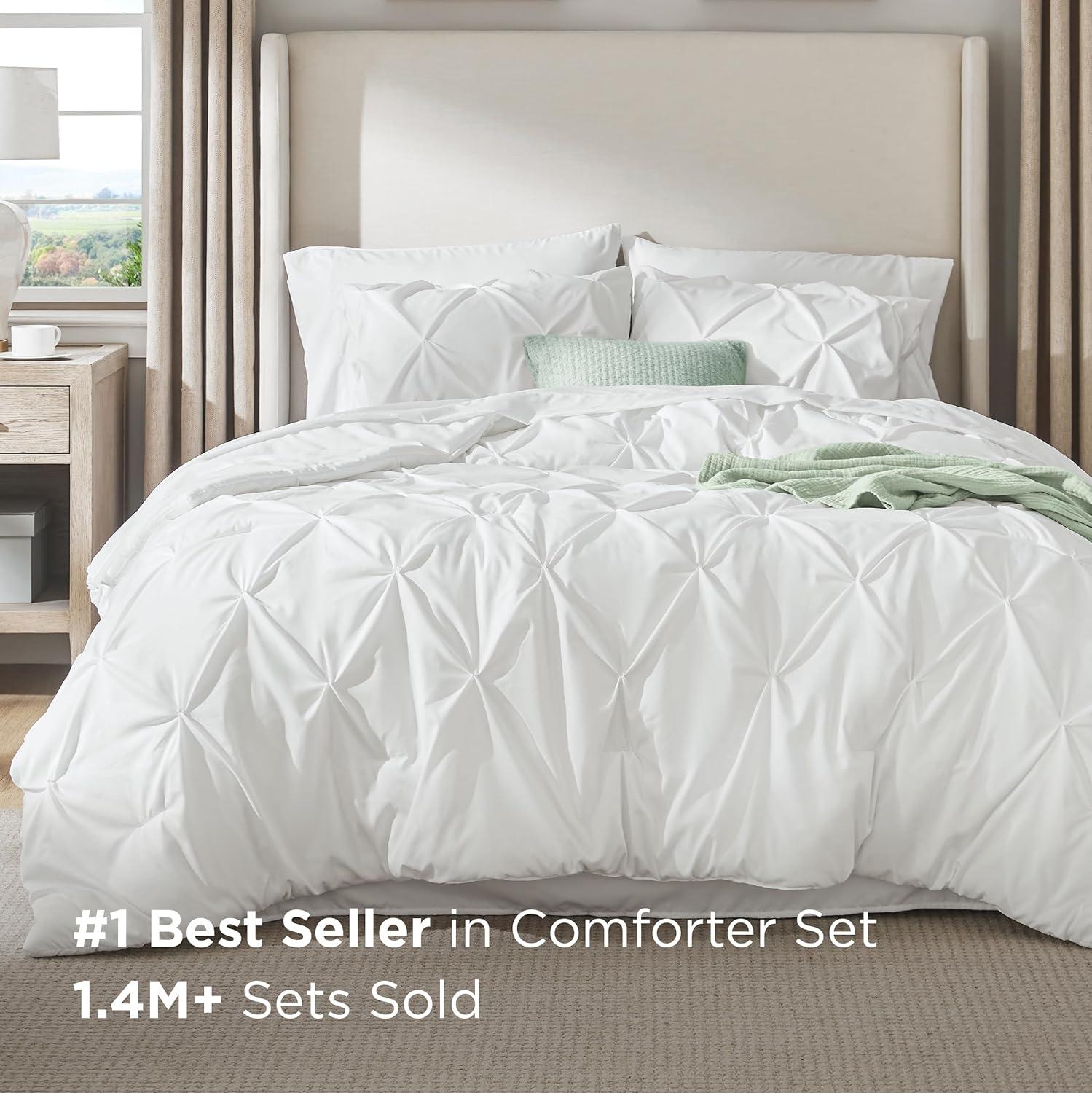 imageBedsure Twin XL Comforter Set Extra Long 5 Pieces Dorm Bedding Sets Pinch Pleat Pink Bed in a Bag with Comforter Sheets Pillowcase ampamp Sham16 White
