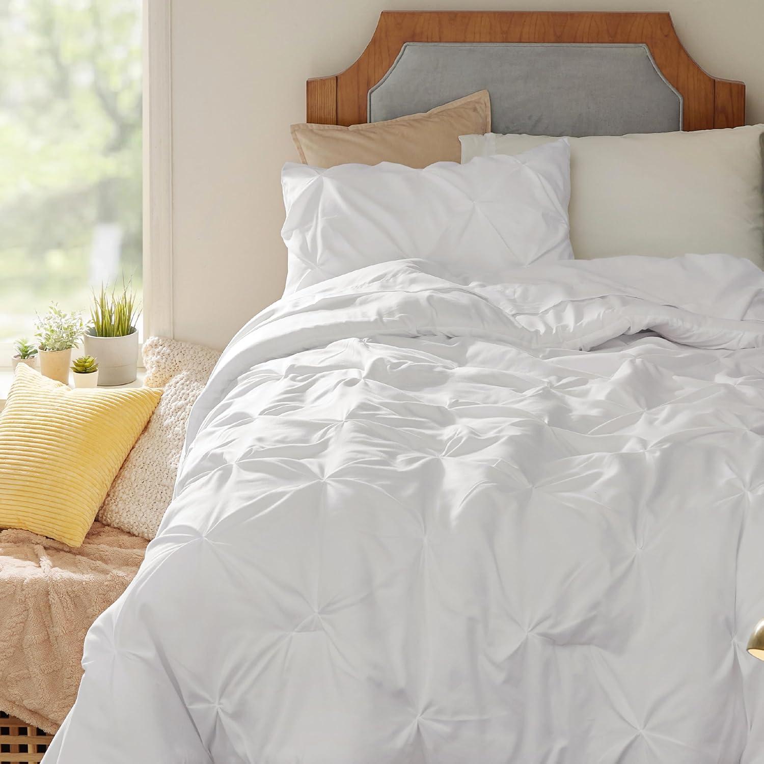 imageBedsure Twin XL Comforter Set Extra Long 5 Pieces Dorm Bedding Sets Pinch Pleat Pink Bed in a Bag with Comforter Sheets Pillowcase ampamp Sham16 White