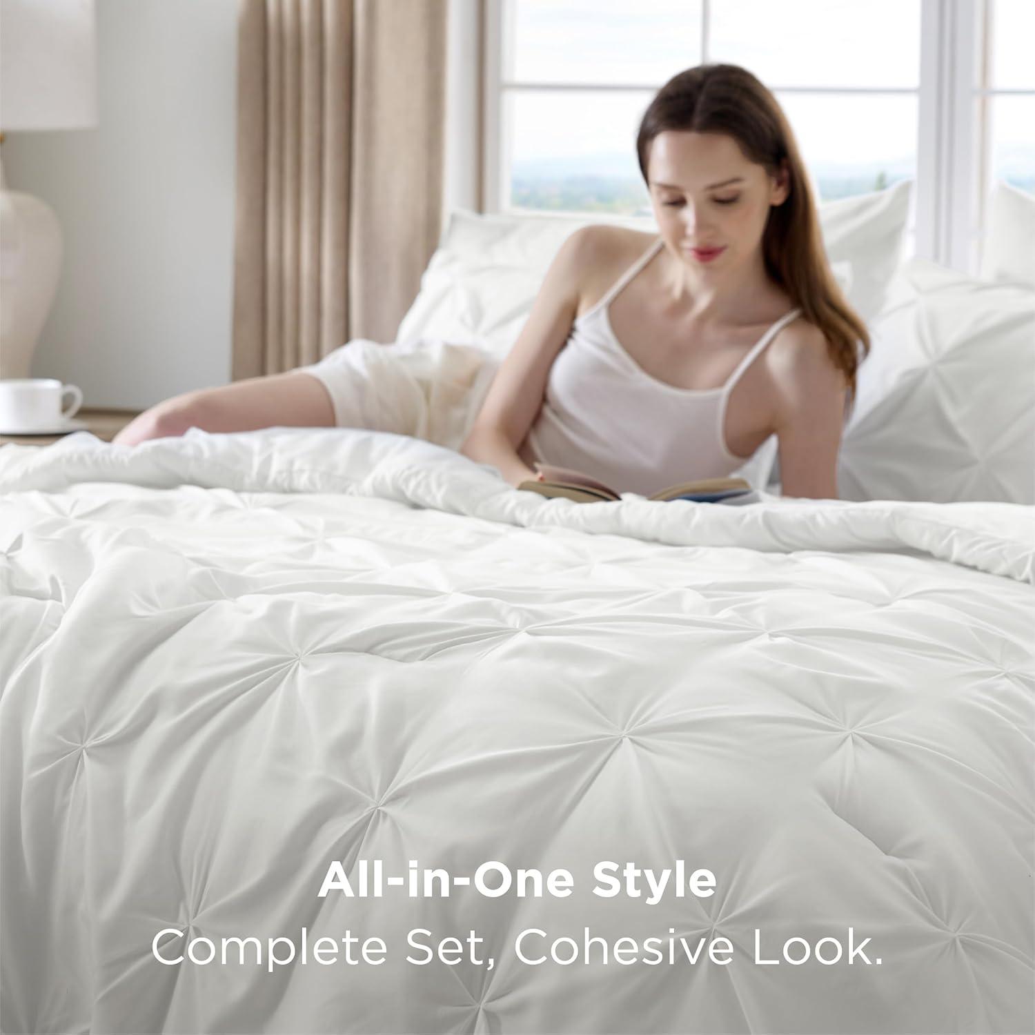 imageBedsure Twin XL Comforter Set Extra Long 5 Pieces Dorm Bedding Sets Pinch Pleat Pink Bed in a Bag with Comforter Sheets Pillowcase ampamp Sham16 White