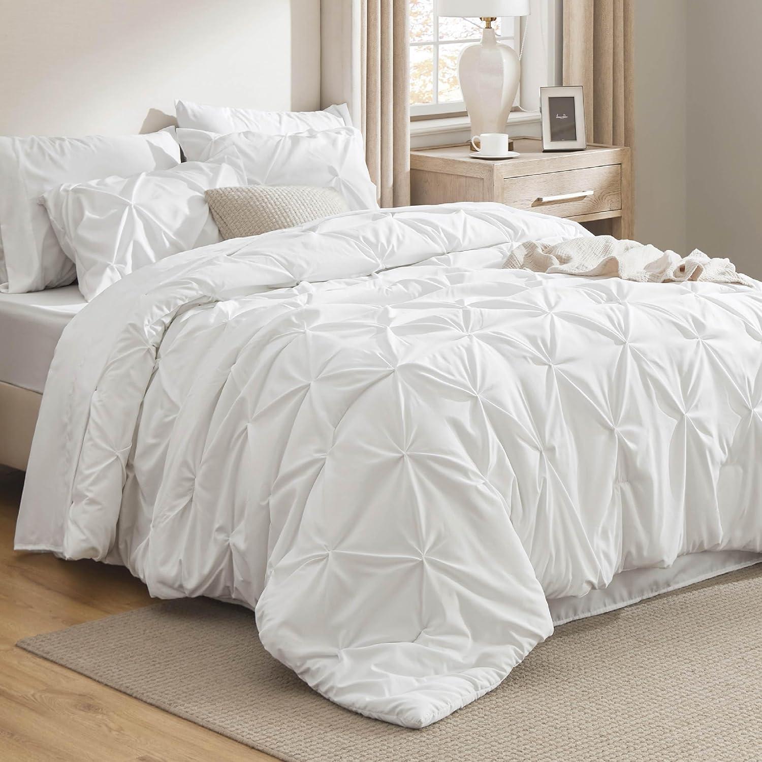 imageBedsure Twin XL Comforter Set Extra Long 5 Pieces Dorm Bedding Sets Pinch Pleat Pink Bed in a Bag with Comforter Sheets Pillowcase ampamp Sham16 White