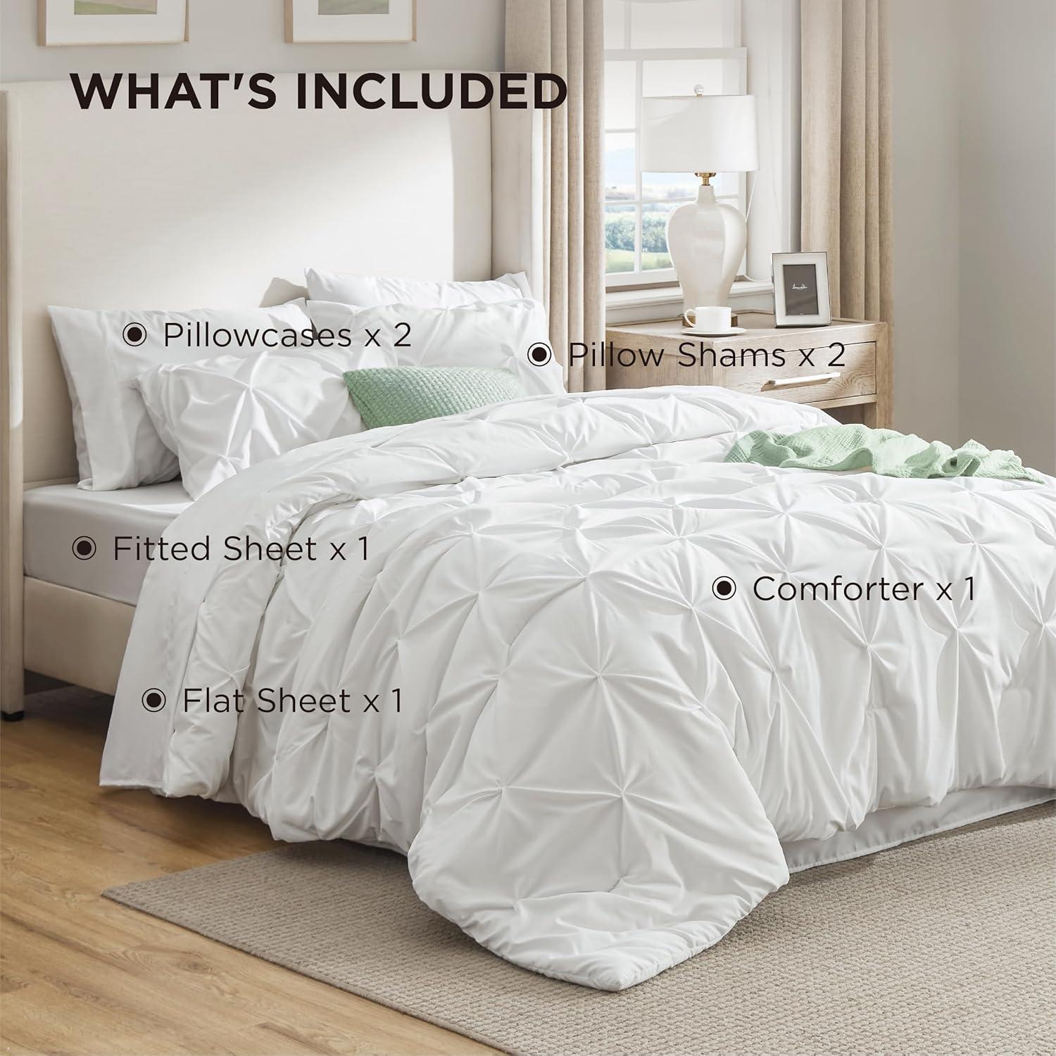 imageBedsure Twin XL Comforter Set Extra Long 5 Pieces Dorm Bedding Sets Pinch Pleat Pink Bed in a Bag with Comforter Sheets Pillowcase ampamp Sham16 White