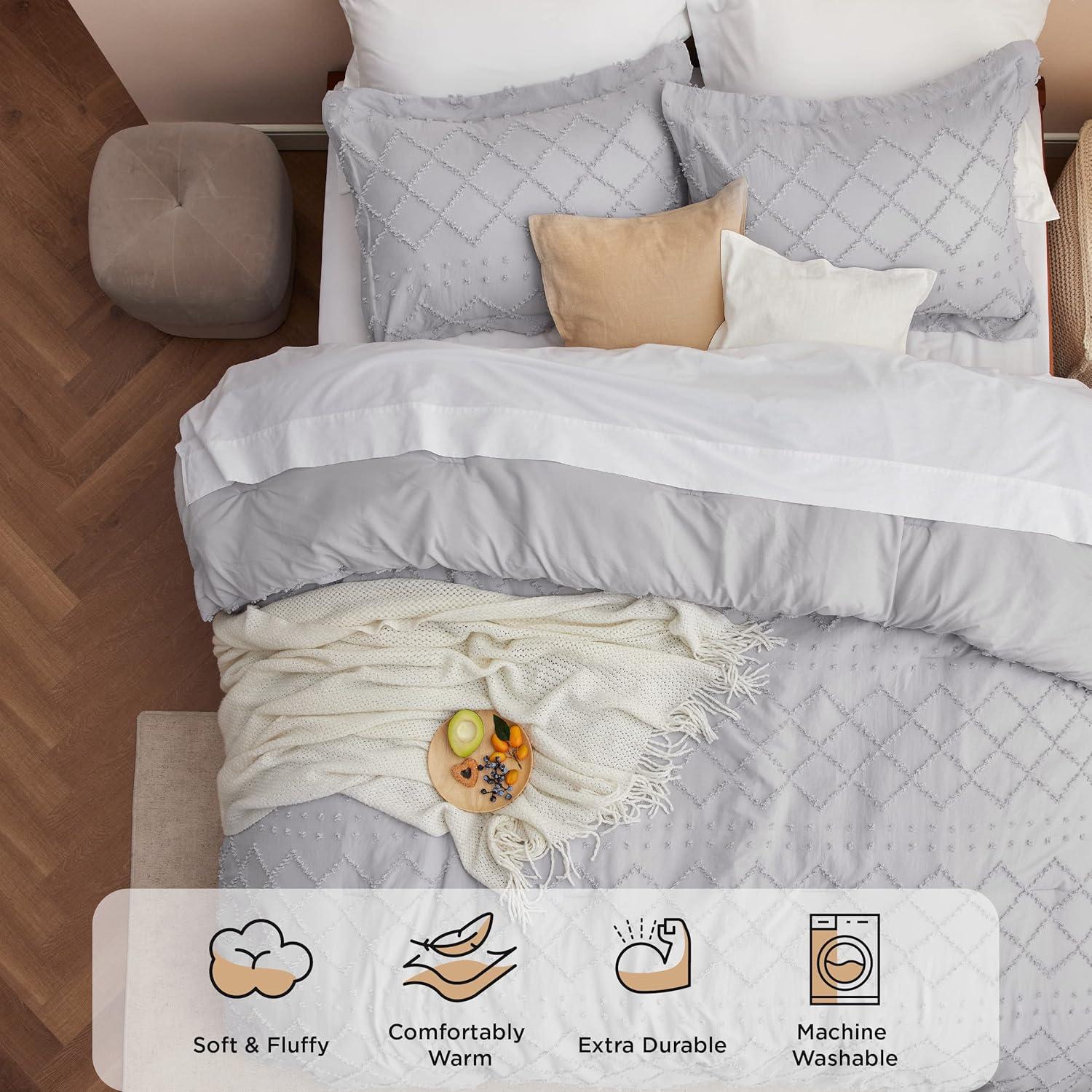imageBedsure Twin XL Comforter Set  White Comforter Boho Tufted Shabby Chic Bedding for Kids 2 Pieces Vintage Farmhouse Bed Set for All Seasons Fluffy Soft Bedding with 1 Pillow Sham04  Light Grey