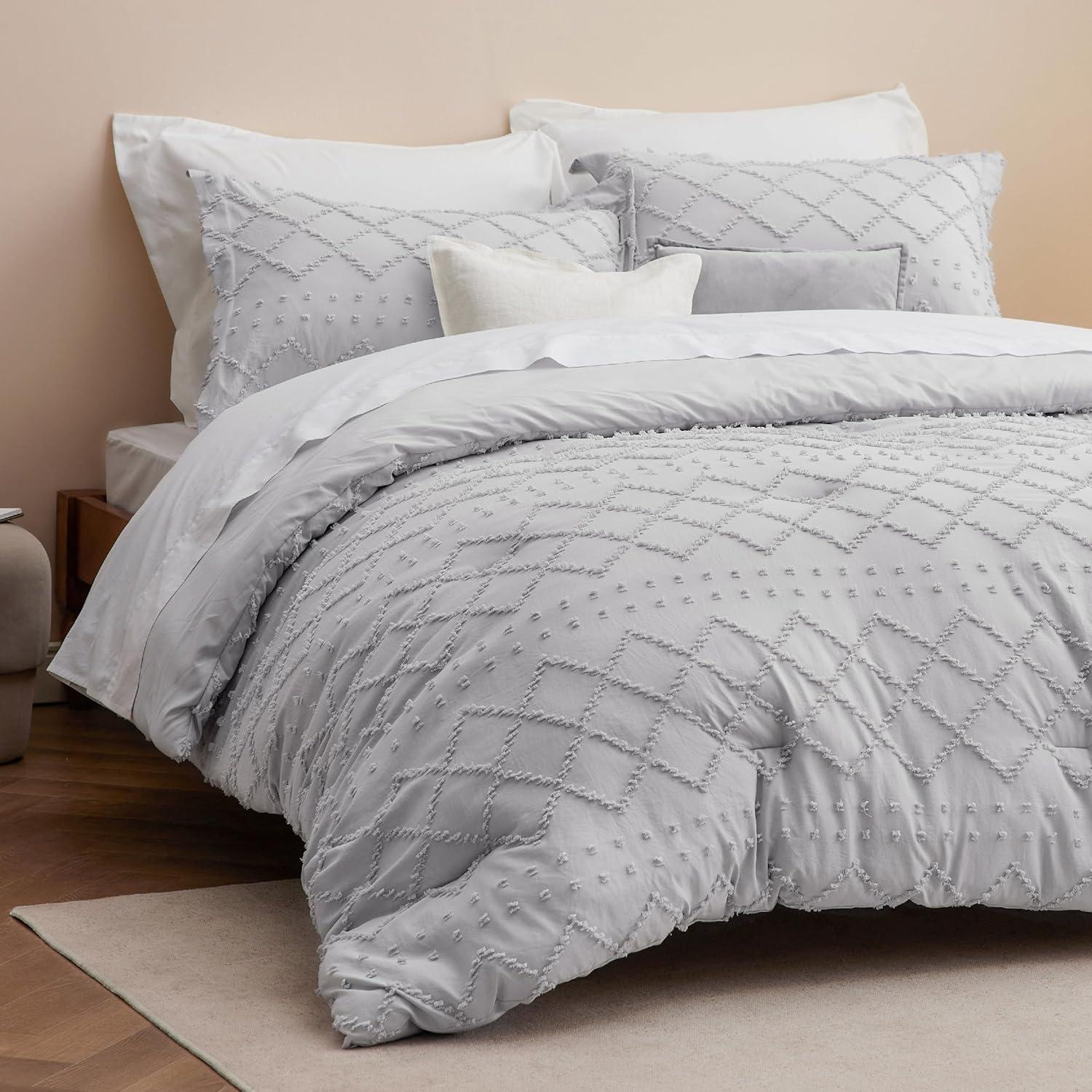 imageBedsure Twin XL Comforter Set  White Comforter Boho Tufted Shabby Chic Bedding for Kids 2 Pieces Vintage Farmhouse Bed Set for All Seasons Fluffy Soft Bedding with 1 Pillow Sham04  Light Grey