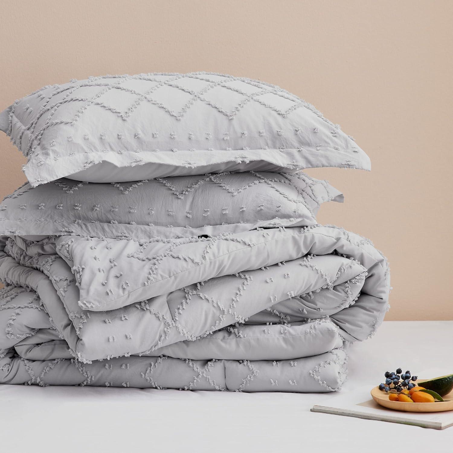imageBedsure Twin XL Comforter Set  White Comforter Boho Tufted Shabby Chic Bedding for Kids 2 Pieces Vintage Farmhouse Bed Set for All Seasons Fluffy Soft Bedding with 1 Pillow Sham04  Light Grey