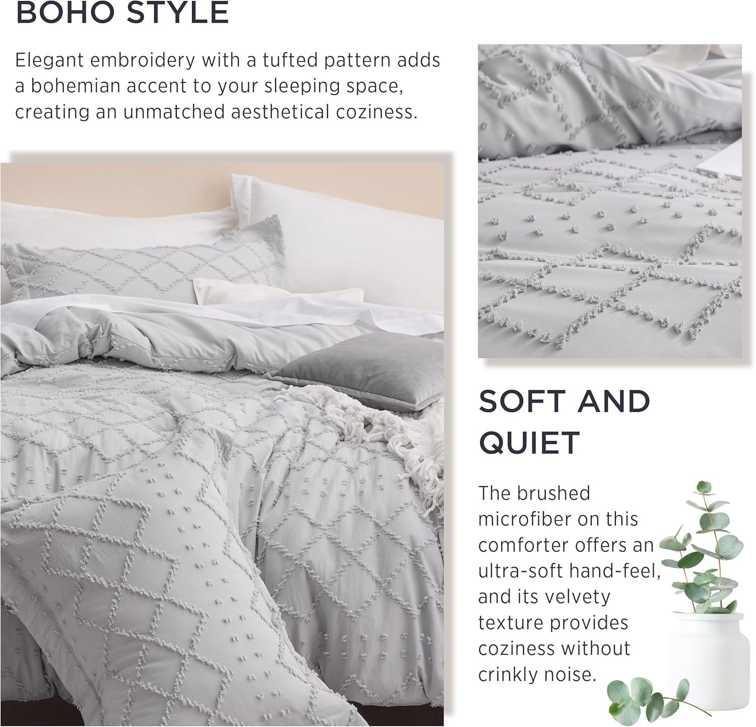 imageBedsure Twin XL Comforter Set  White Comforter Boho Tufted Shabby Chic Bedding for Kids 2 Pieces Vintage Farmhouse Bed Set for All Seasons Fluffy Soft Bedding with 1 Pillow Sham04  Light Grey