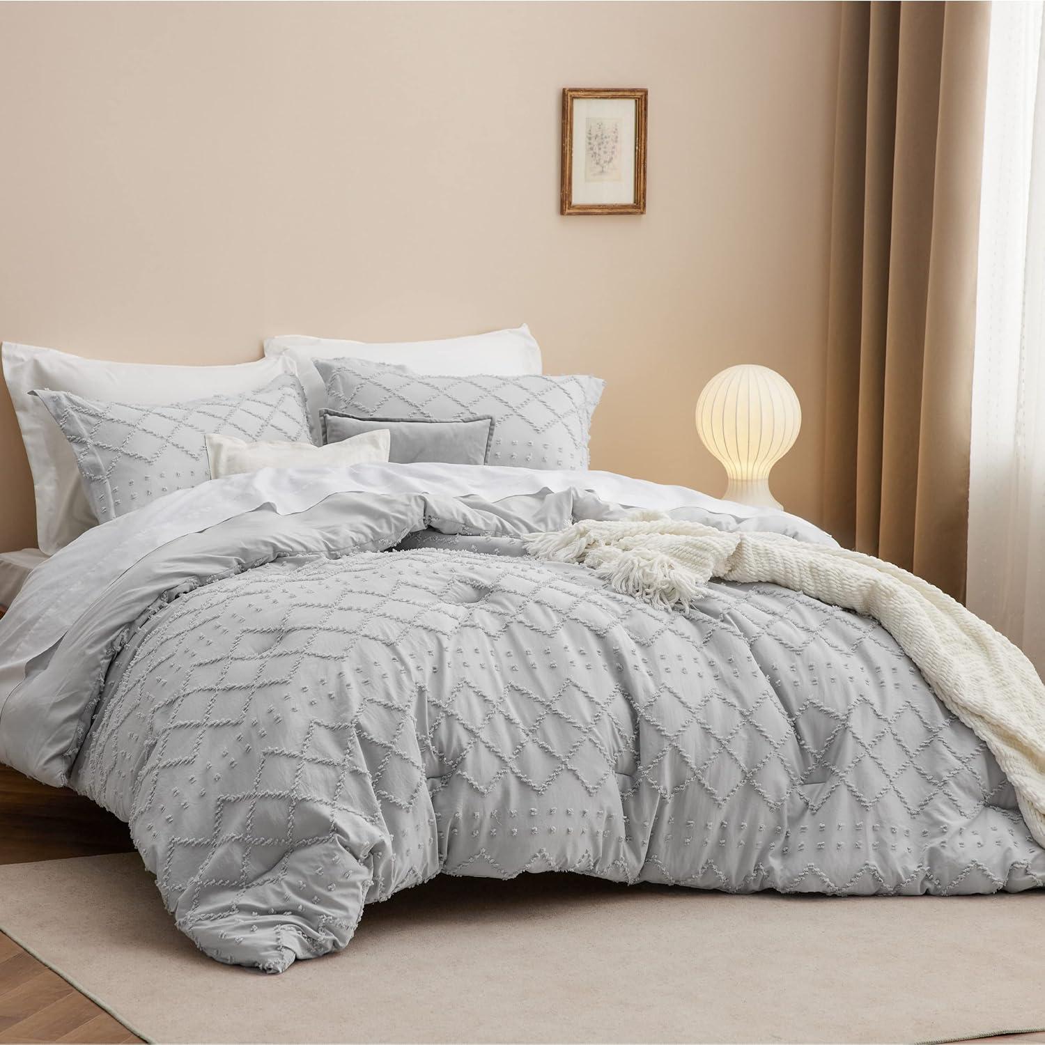 imageBedsure Twin XL Comforter Set  White Comforter Boho Tufted Shabby Chic Bedding for Kids 2 Pieces Vintage Farmhouse Bed Set for All Seasons Fluffy Soft Bedding with 1 Pillow Sham04  Light Grey