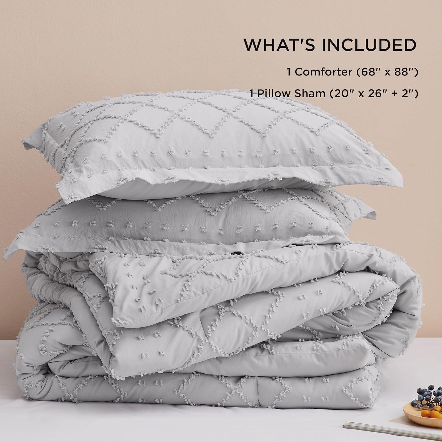 imageBedsure Twin XL Comforter Set  White Comforter Boho Tufted Shabby Chic Bedding for Kids 2 Pieces Vintage Farmhouse Bed Set for All Seasons Fluffy Soft Bedding with 1 Pillow Sham04  Light Grey
