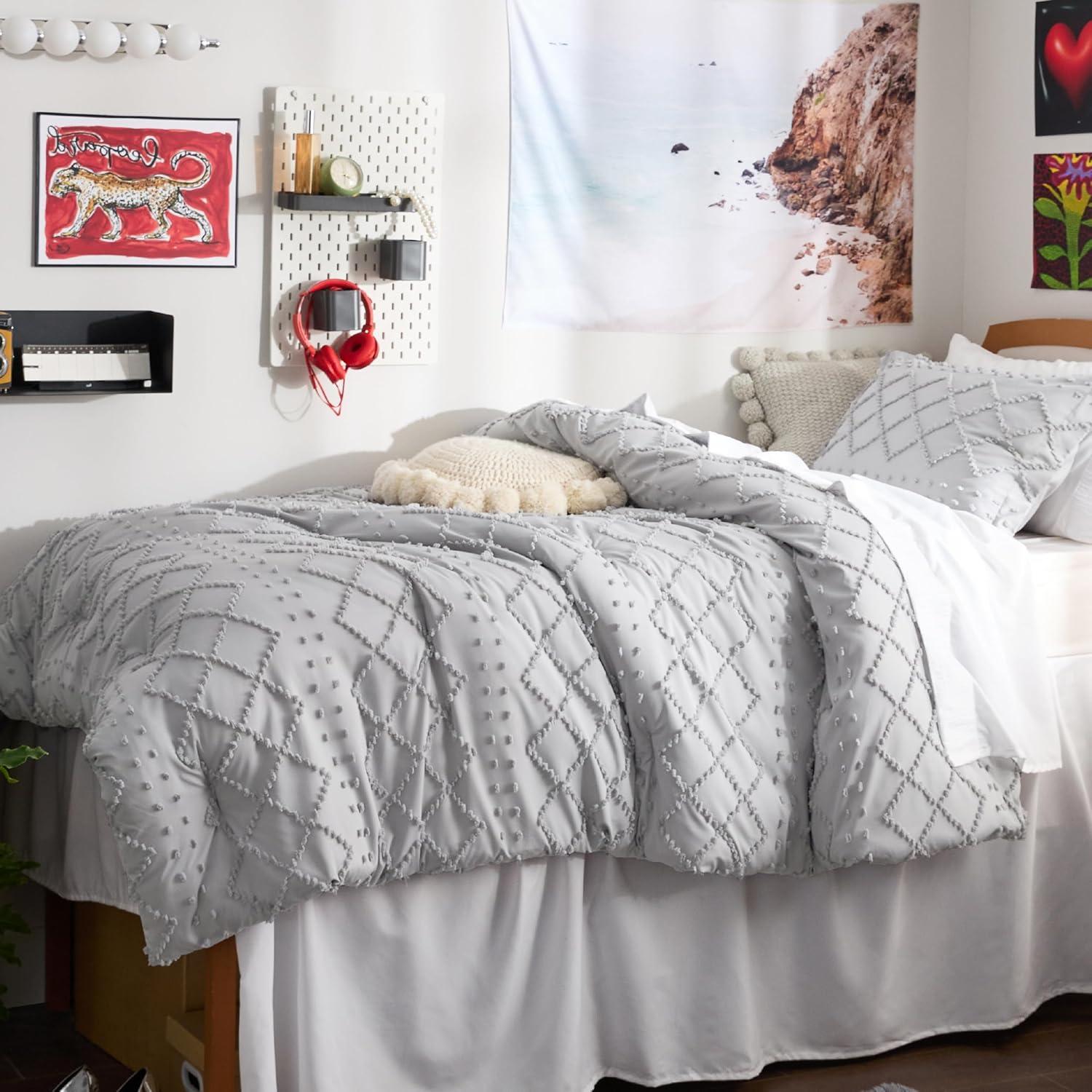 imageBedsure Twin XL Comforter Set  White Comforter Boho Tufted Shabby Chic Bedding for Kids 2 Pieces Vintage Farmhouse Bed Set for All Seasons Fluffy Soft Bedding with 1 Pillow Sham04  Light Grey
