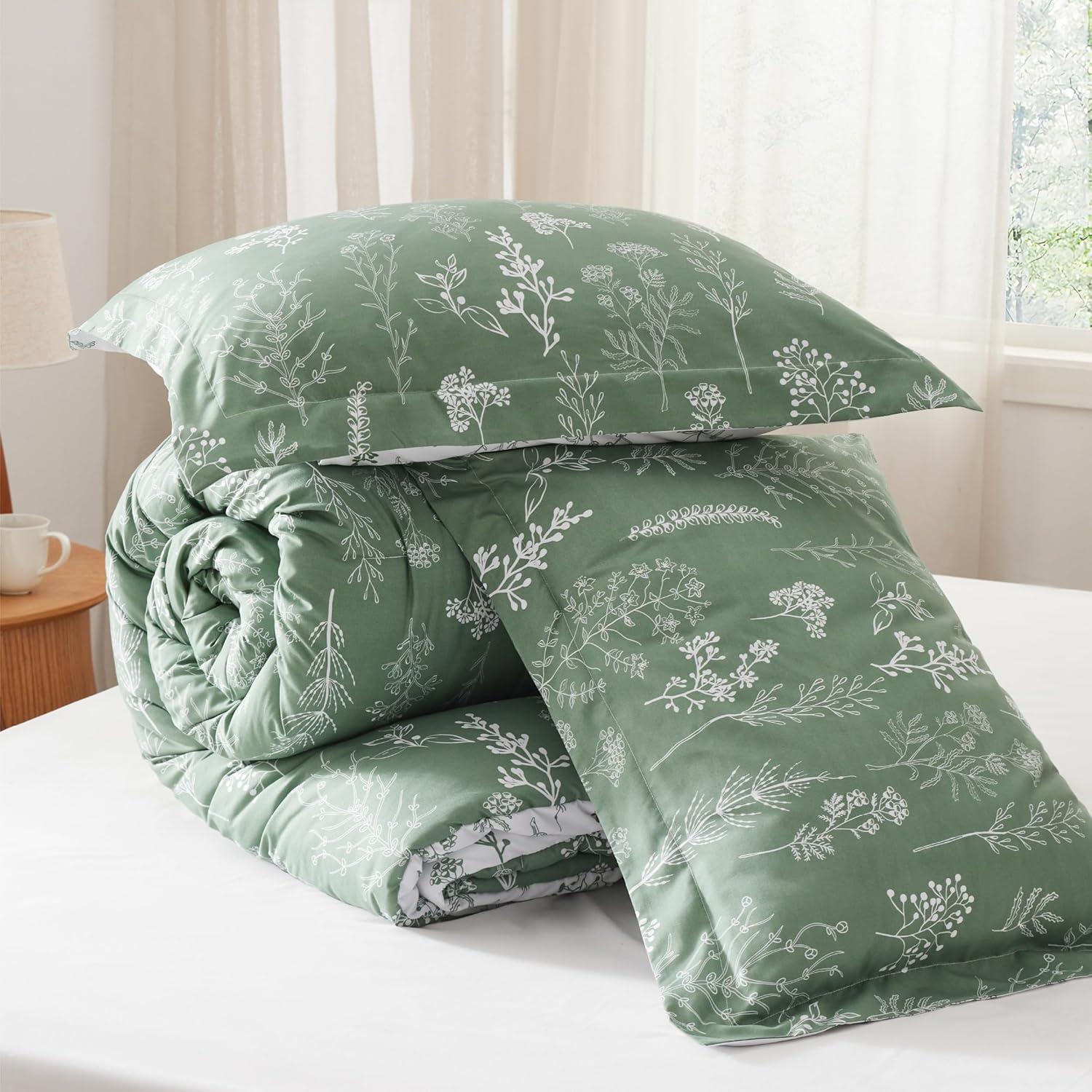 imageBedsure TwinTwin XL Comforter Set Sage Green Bed Set 2 Pieces Cute Floral Bedding 1 Soft Reversible Botanical Flowers Comforter and 1 Pillow Sham24 Green