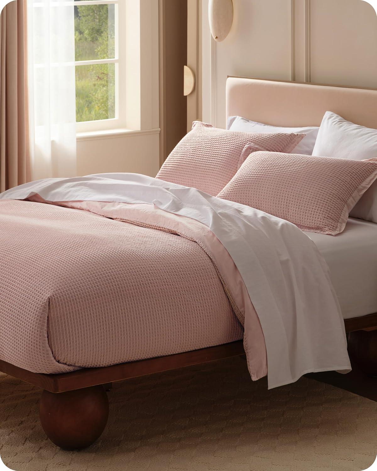 imageBedsure Waffle Weave Duvet Cover Queen 100 Cotton Boho Duvet Cover Set with 2 Pillowcases Extra Soft Cream White Textured Comforter Cover with Zipper Closure Queen 90quotx90quot09 Pink No Comforter