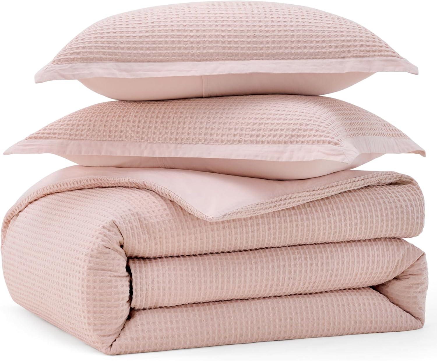 imageBedsure Waffle Weave Duvet Cover Queen 100 Cotton Boho Duvet Cover Set with 2 Pillowcases Extra Soft Cream White Textured Comforter Cover with Zipper Closure Queen 90quotx90quot09 Pink No Comforter