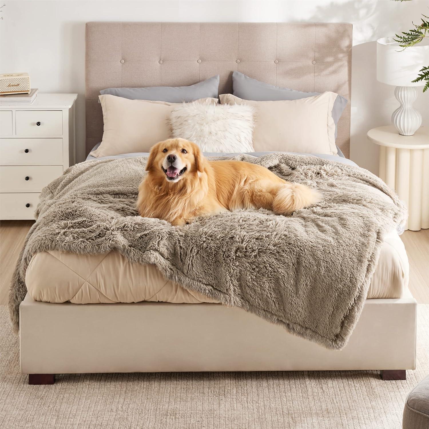 imageBedsure Waterproof Dog Blankets for Large Dogs Calming Cat Blanket for Couch Protector Washable Long Faux Fur Pet Throw Blanket for Puppy Reversible Furniture Protection 50quotx60quot BrownLight Brown