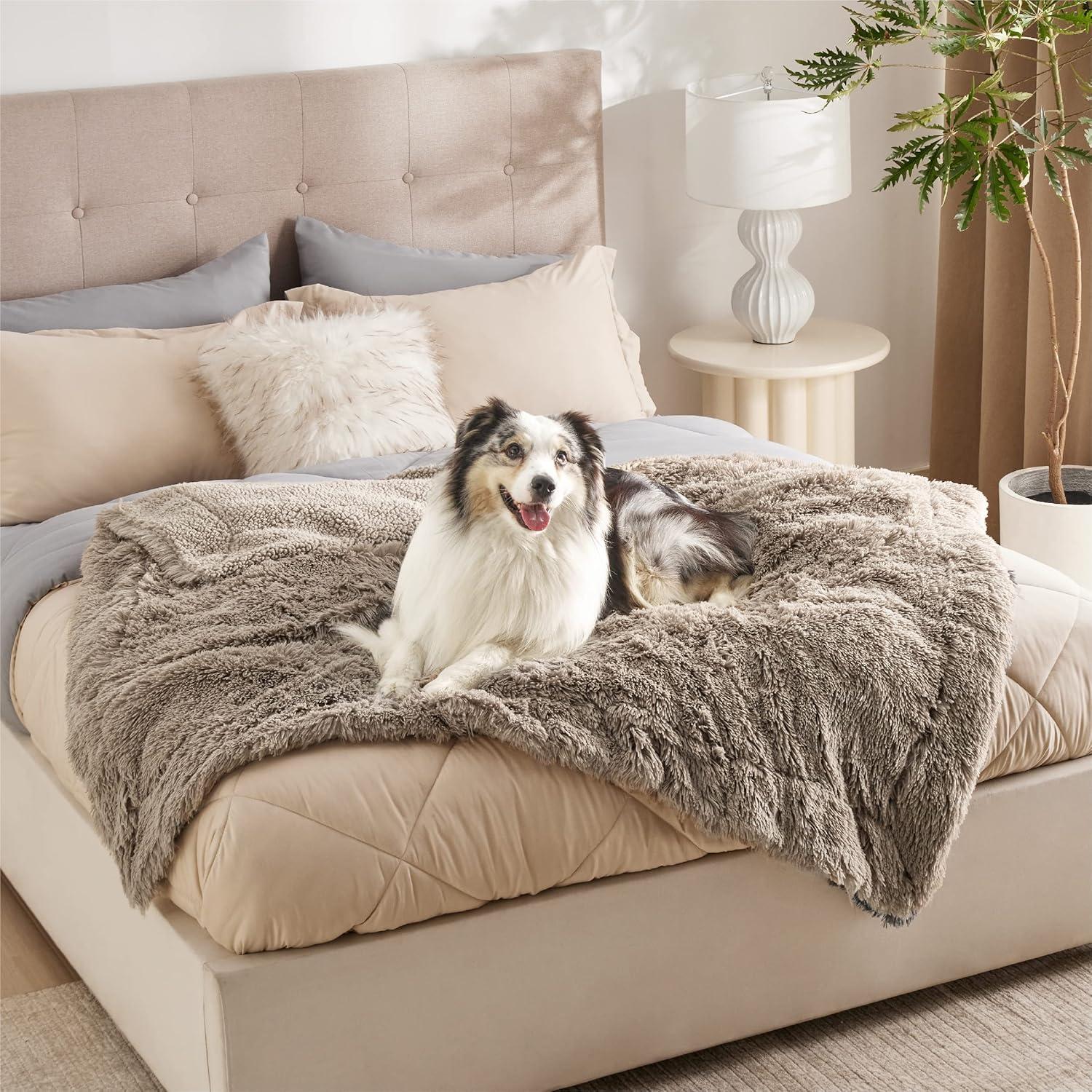 imageBedsure Waterproof Dog Blankets for Large Dogs Calming Cat Blanket for Couch Protector Washable Long Faux Fur Pet Throw Blanket for Puppy Reversible Furniture Protection 50quotx60quot BrownLight Brown