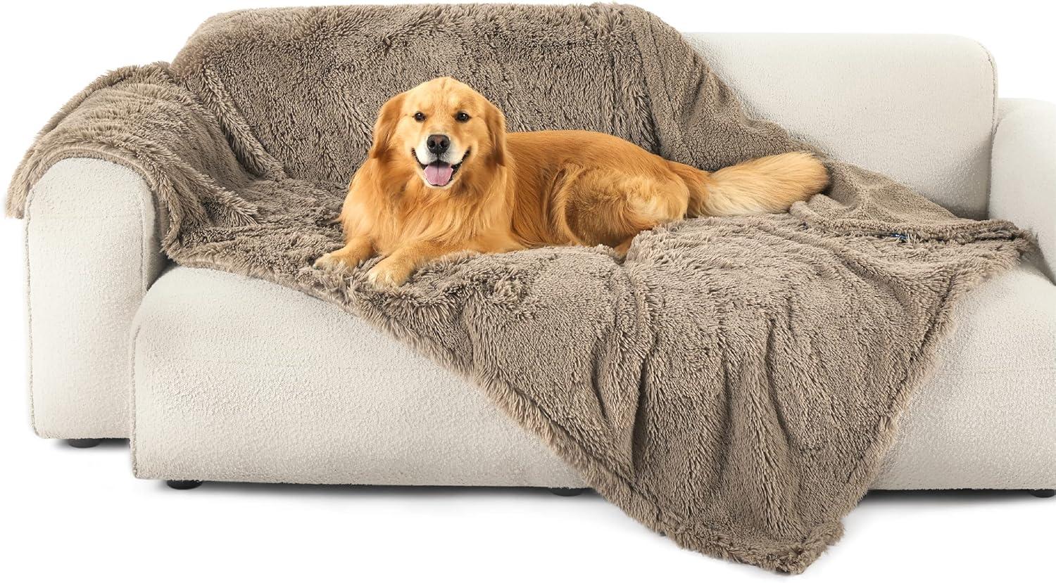 imageBedsure Waterproof Dog Blankets for Large Dogs Calming Cat Blanket for Couch Protector Washable Long Faux Fur Pet Throw Blanket for Puppy Reversible Furniture Protection 50quotx60quot BrownLight Brown