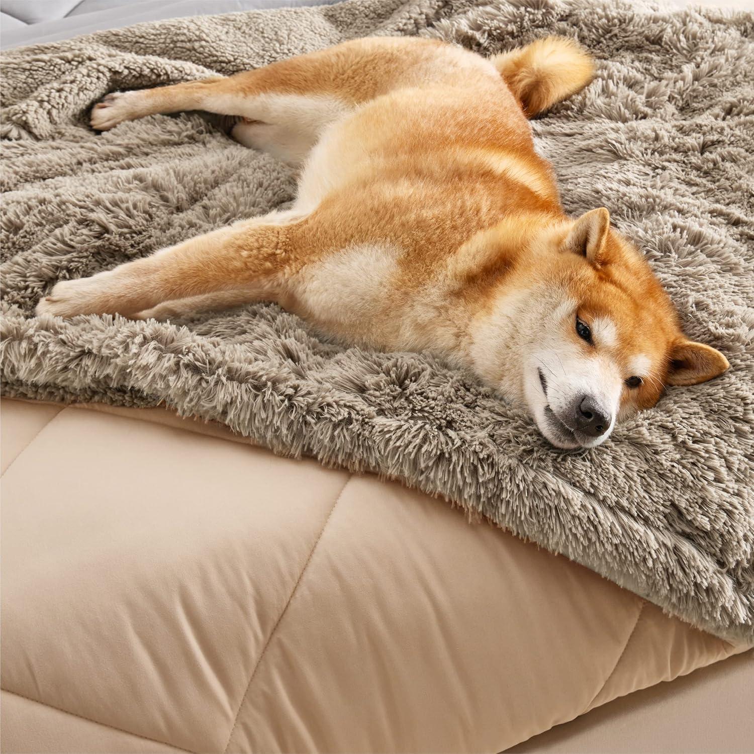 imageBedsure Waterproof Dog Blankets for Large Dogs Calming Cat Blanket for Couch Protector Washable Long Faux Fur Pet Throw Blanket for Puppy Reversible Furniture Protection 50quotx60quot BrownLight Brown