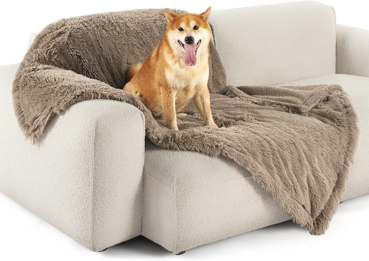 imageBedsure Waterproof Dog Blankets for Large Dogs Calming Cat Blanket for Couch Protector Washable Long Faux Fur Pet Throw Blanket for Puppy Reversible Furniture Protection 50quotx60quot BrownLight Brown