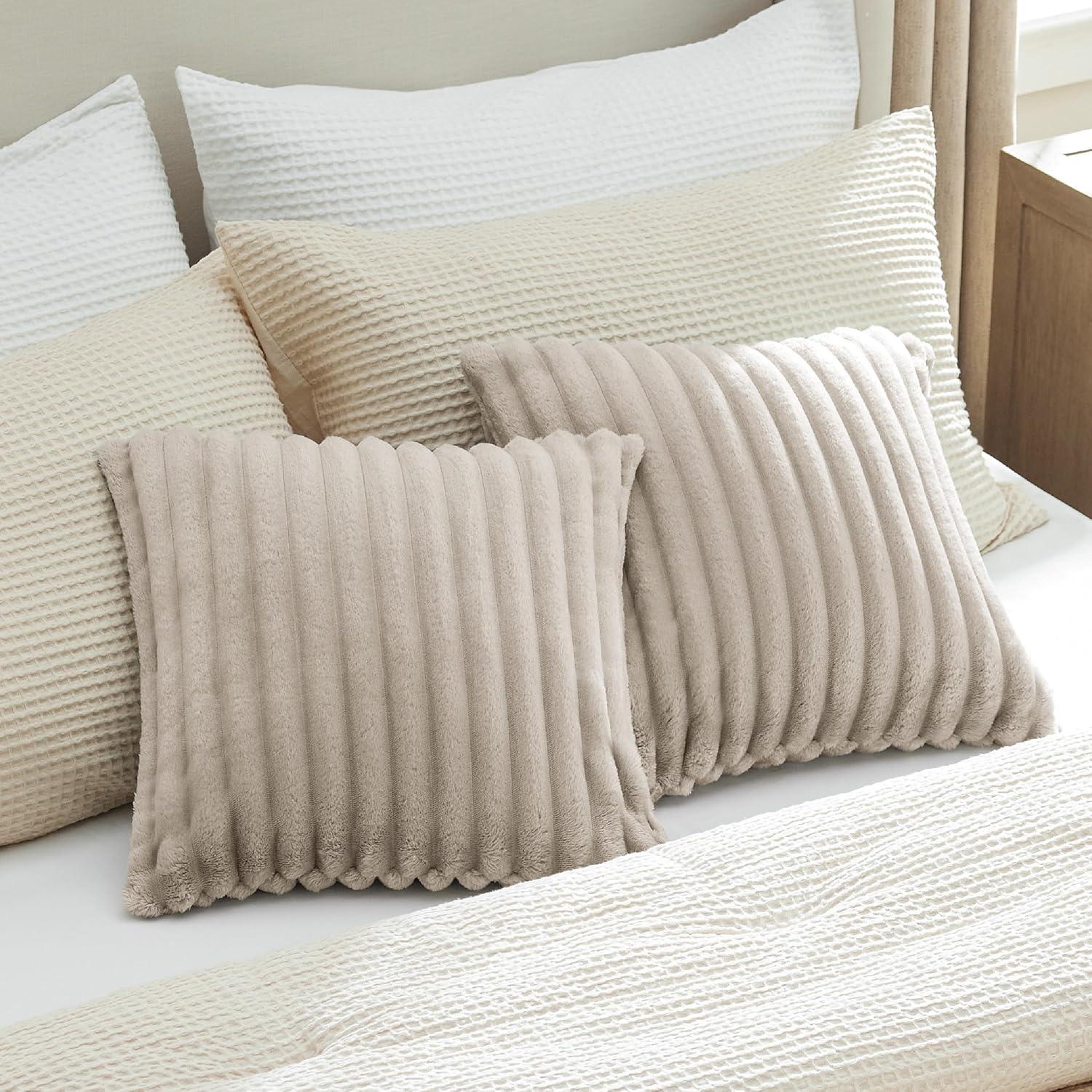 imageBedsure White Throw Pillow Covers 18x18 Set of 2 Soft Decorative Fluffy Striped Sofa Pillow Covers Home Decor for Living Room Couch Bed08linen