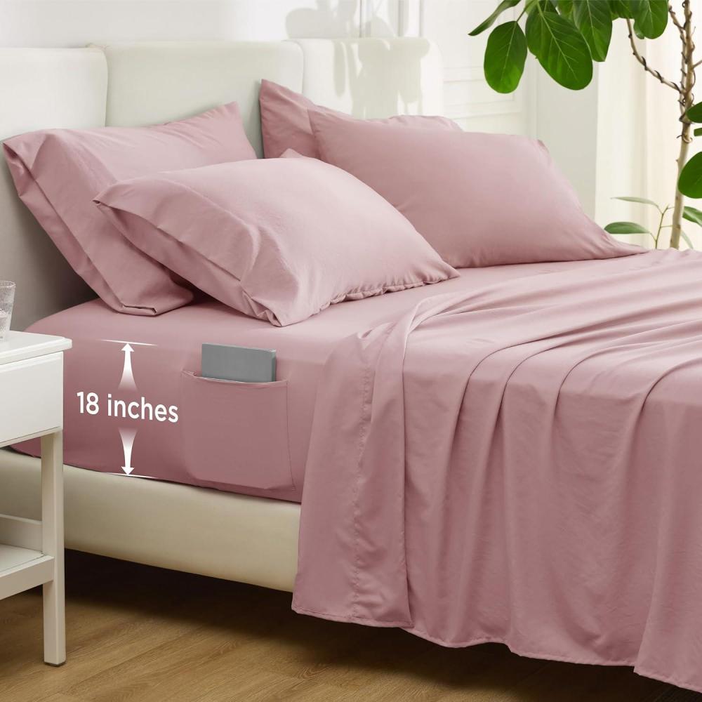 imageBedsure Deep Pocket Queen Sheets 6 Piece Prewashed UltraSoft Queen Sheet Set Fits Mattresses Up to 18 Inches Thick Breathable ampamp Secure Fit Hotel Luxury Bedding Sage GreenLight Pink