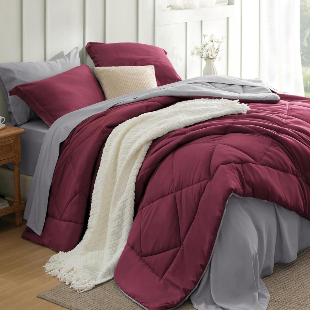 imageBedsure Queen Comforter Set 7 Pieces Reversible Beige Bedding Queen Size Bed Set for All Seasons Bed in a Bag with Down Alternative Comforter Sheets Pillowcases ampamp Shams04 Burgundy