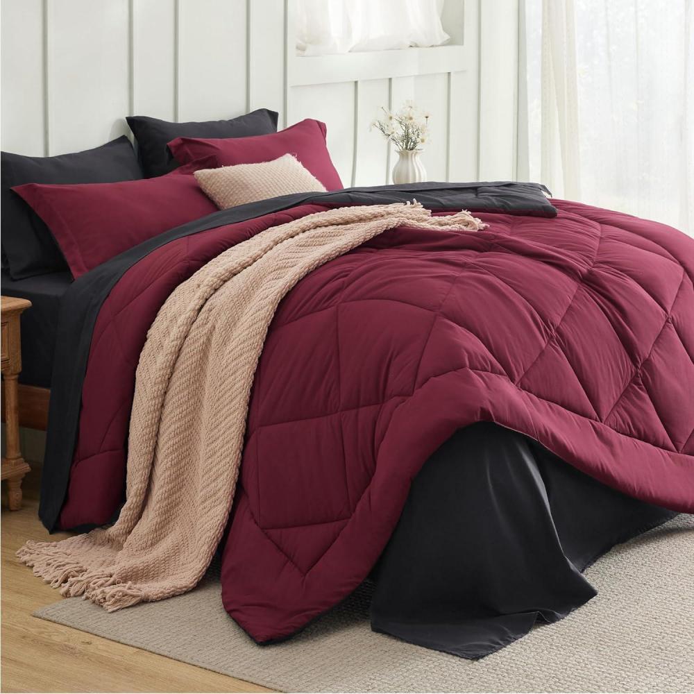 imageBedsure Queen Comforter Set 7 Pieces Reversible Beige Bedding Queen Size Bed Set for All Seasons Bed in a Bag with Down Alternative Comforter Sheets Pillowcases ampamp Shams07 Burgundy Black