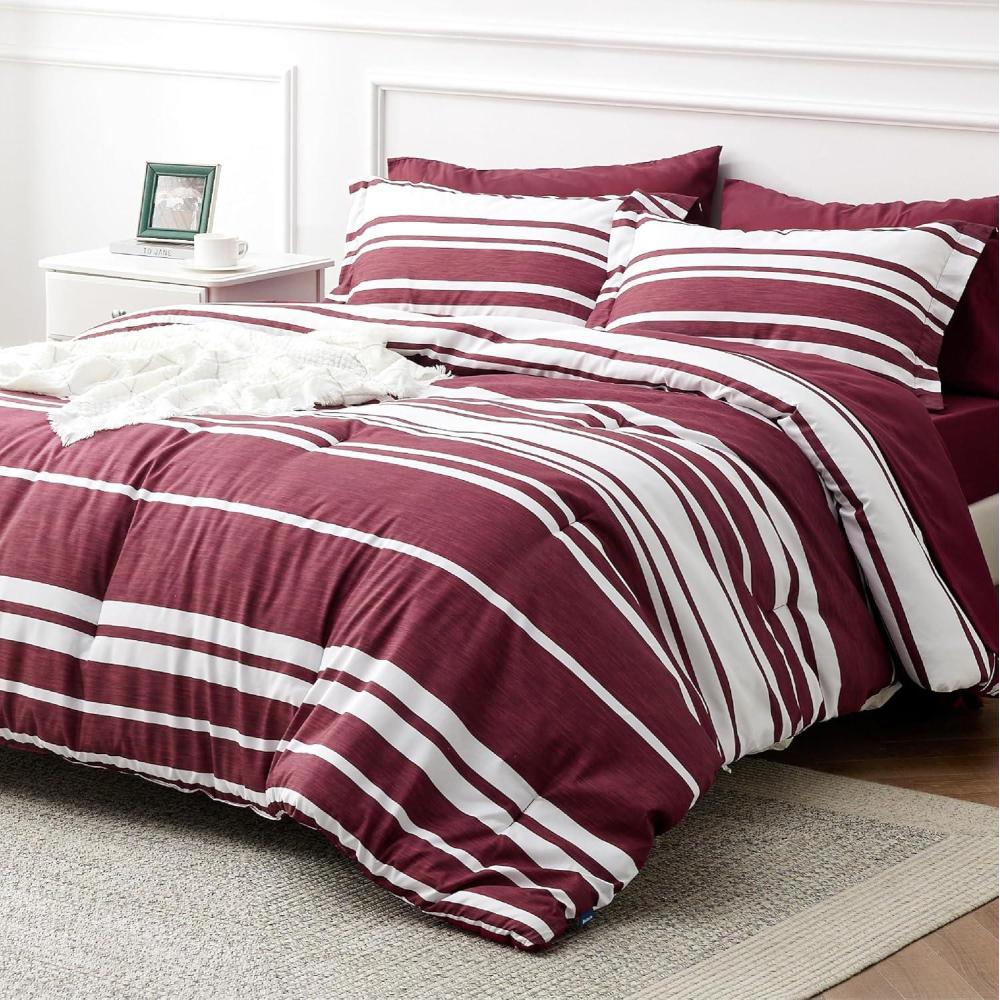 imageBedsure Queen Comforter Set 7 Pieces Grey Striped Bedding Set for All Seasons Reversible Cationic Dyeing Bed in a Bag with Comforter Sheets Pillowcases ampamp Shams10 Burgundy