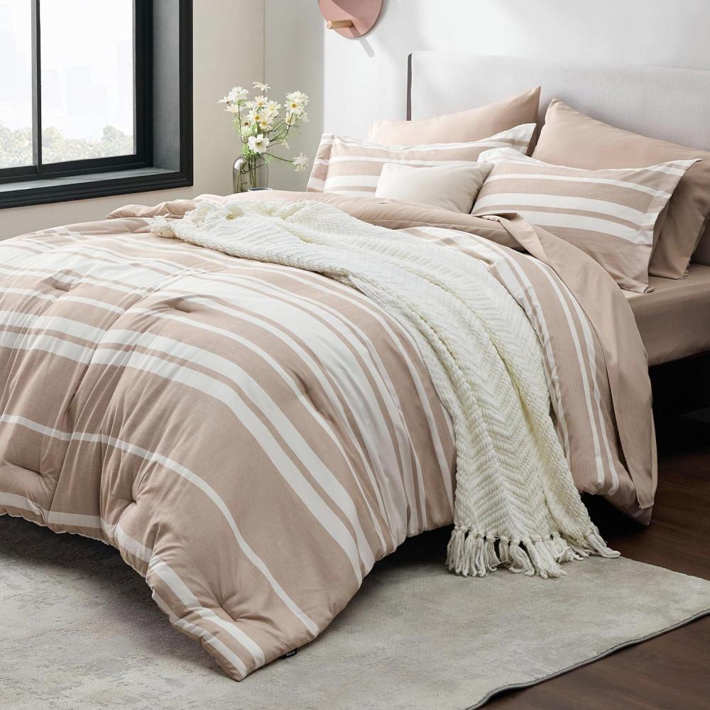imageBedsure Queen Comforter Set 7 Pieces Grey Striped Bedding Set for All Seasons Reversible Cationic Dyeing Bed in a Bag with Comforter Sheets Pillowcases ampamp Shams11 Light Camel